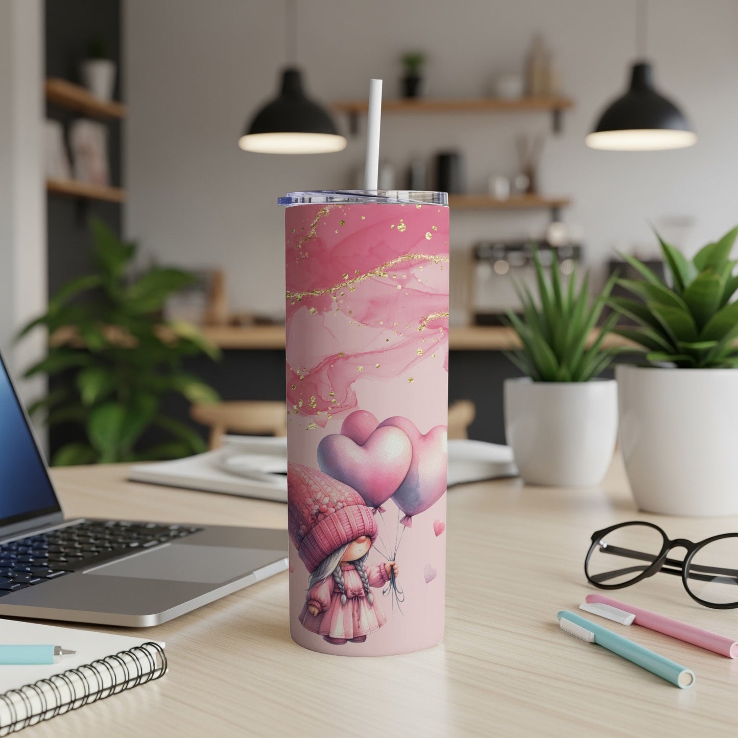 Pink marbled tumbler with hearts and girl design.