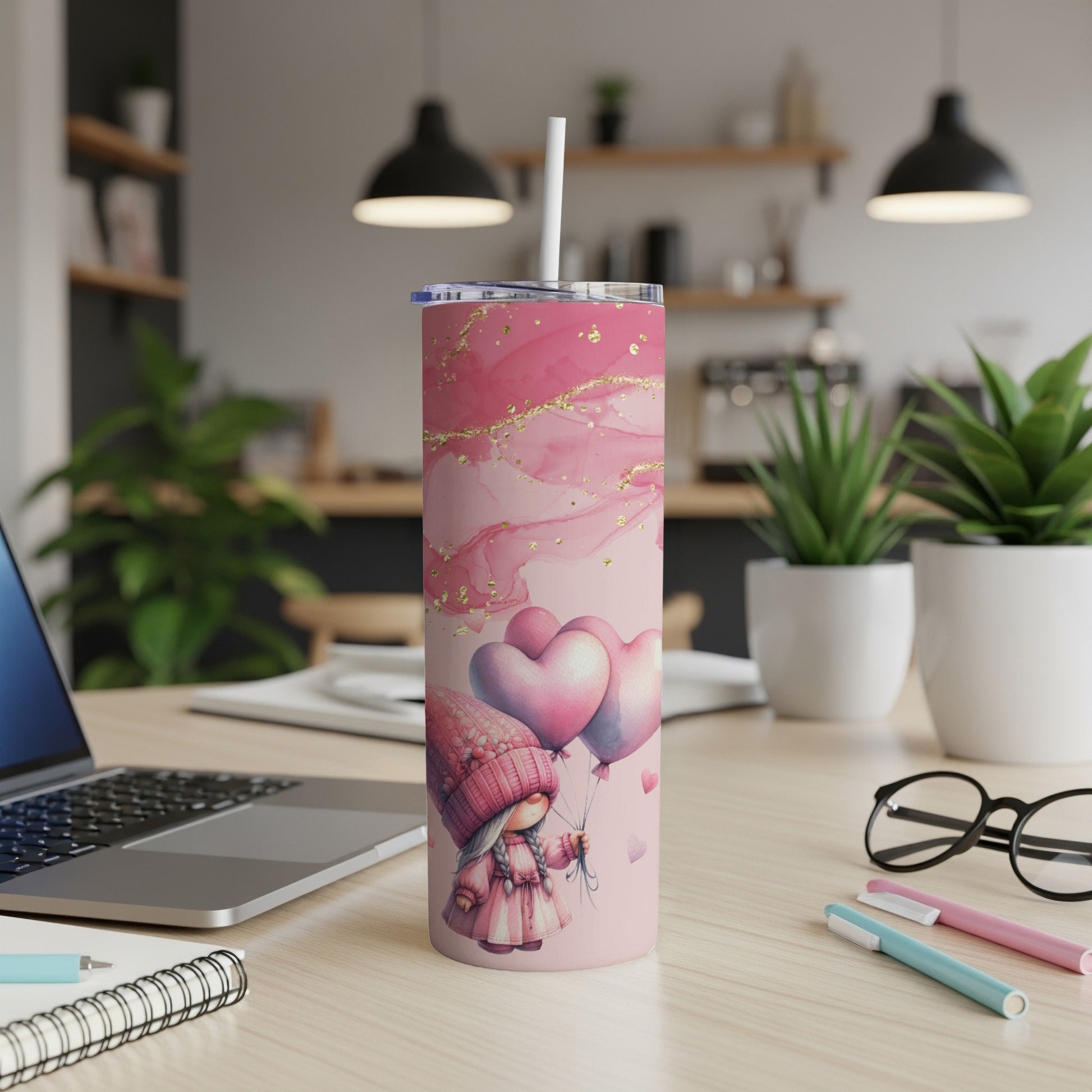 Pink marbled tumbler with hearts and girl design.