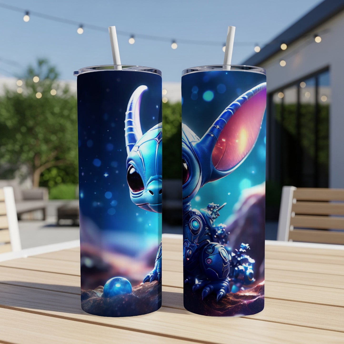 Blue alien character on a celestial background on a skinny tumbler.
