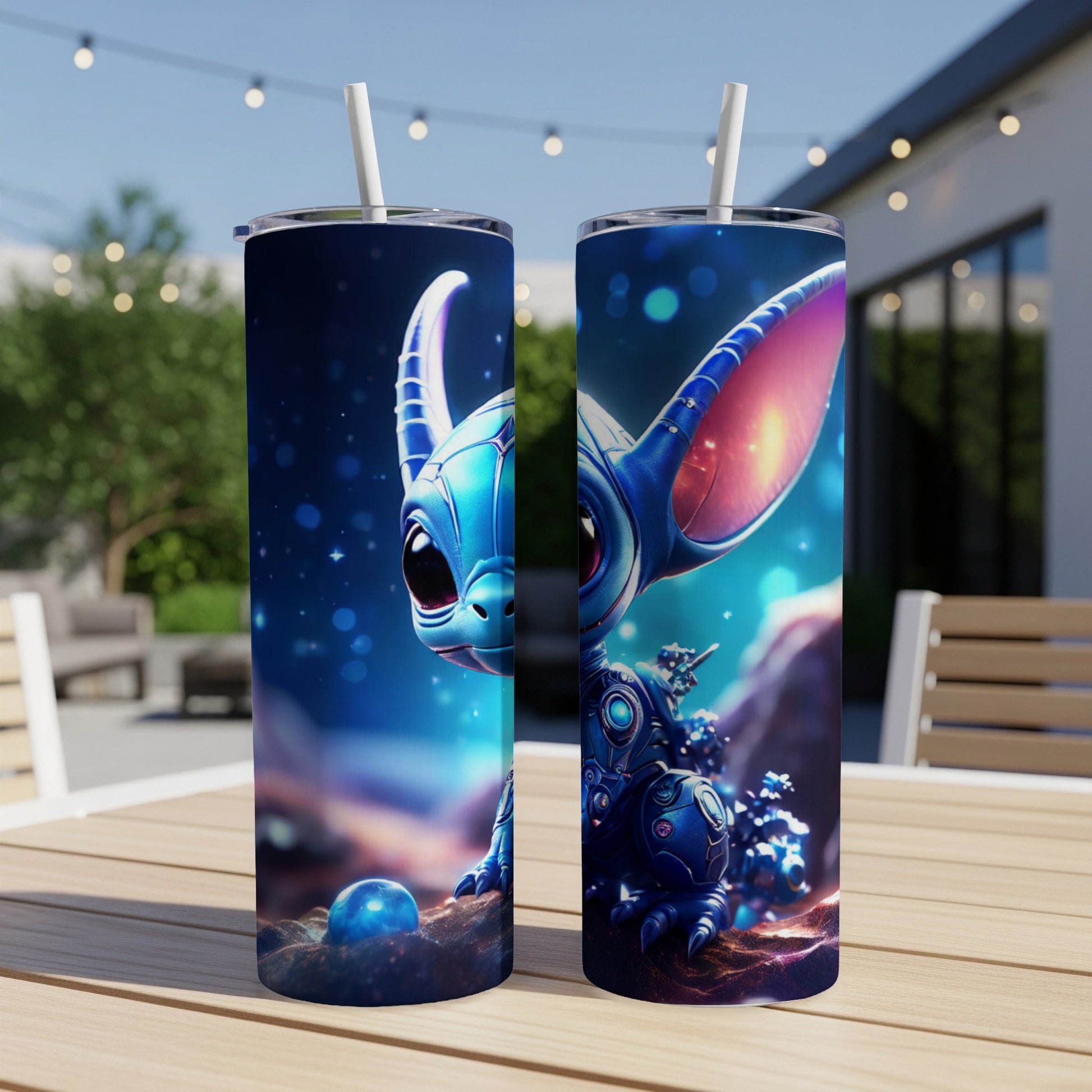 Blue alien character on a celestial background on a skinny tumbler.