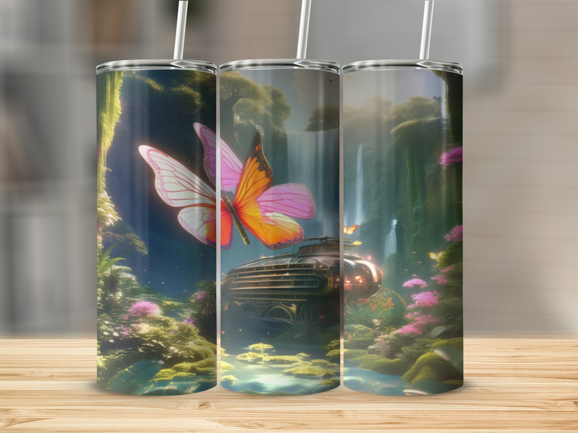 Fantasy scene with butterfly, waterfall, and steampunk vehicle on a tumbler.