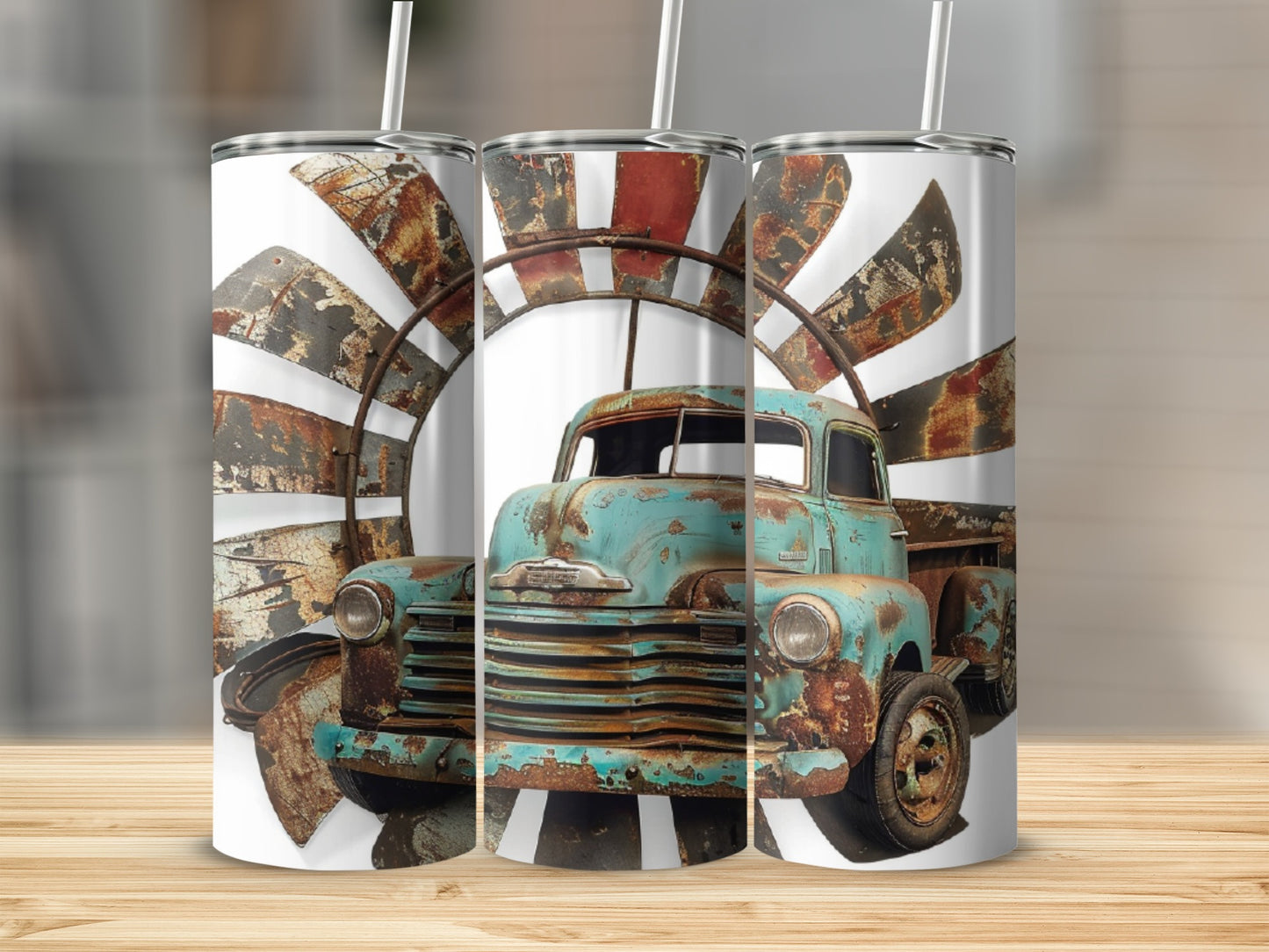Rusty blue vintage truck with sunburst design on white tumblers.