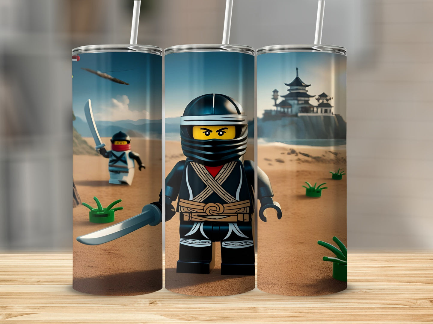Ninjago ninja character with sword and mask on desert landscape.