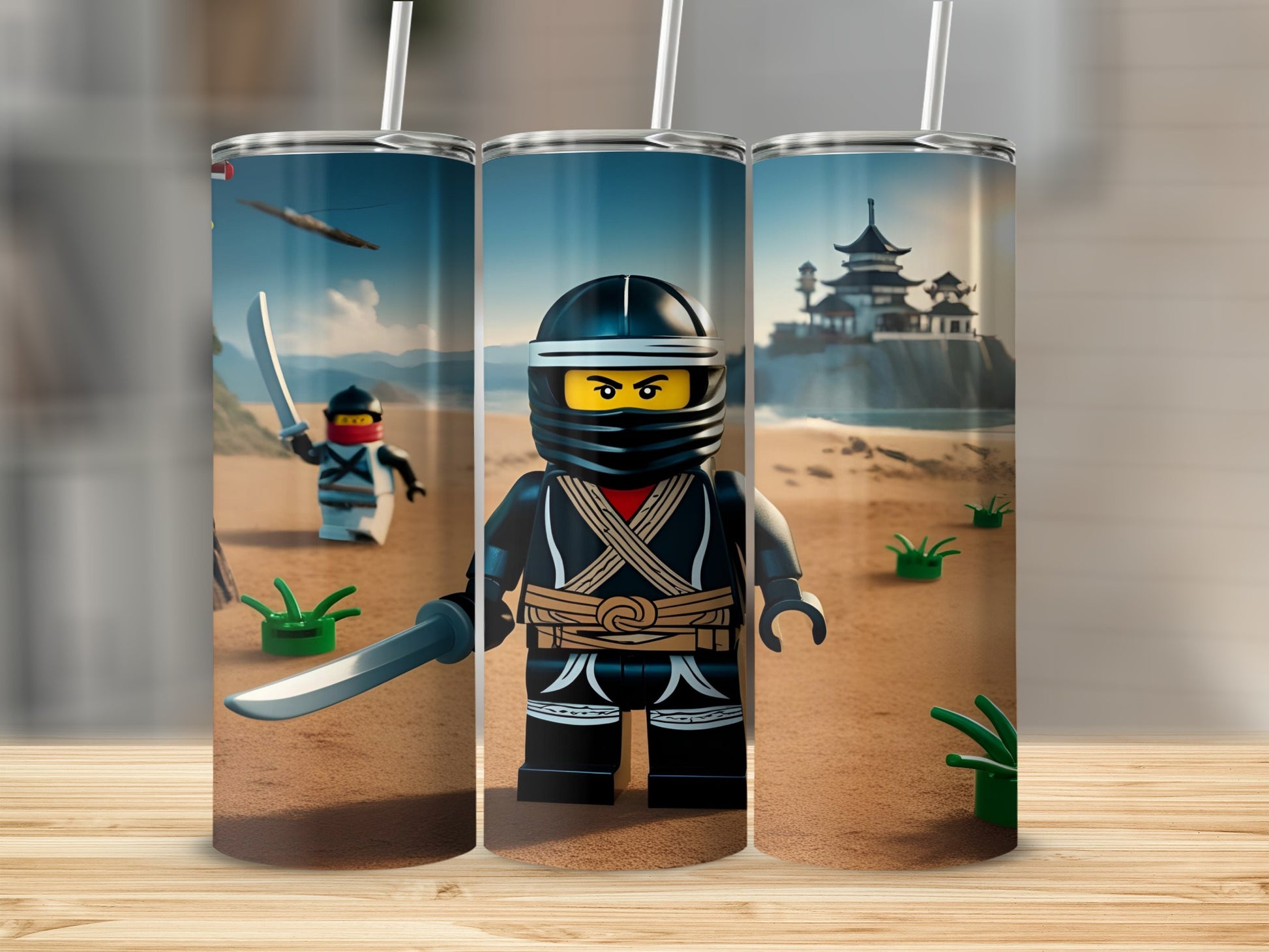 Ninjago ninja character with sword and mask on desert landscape.