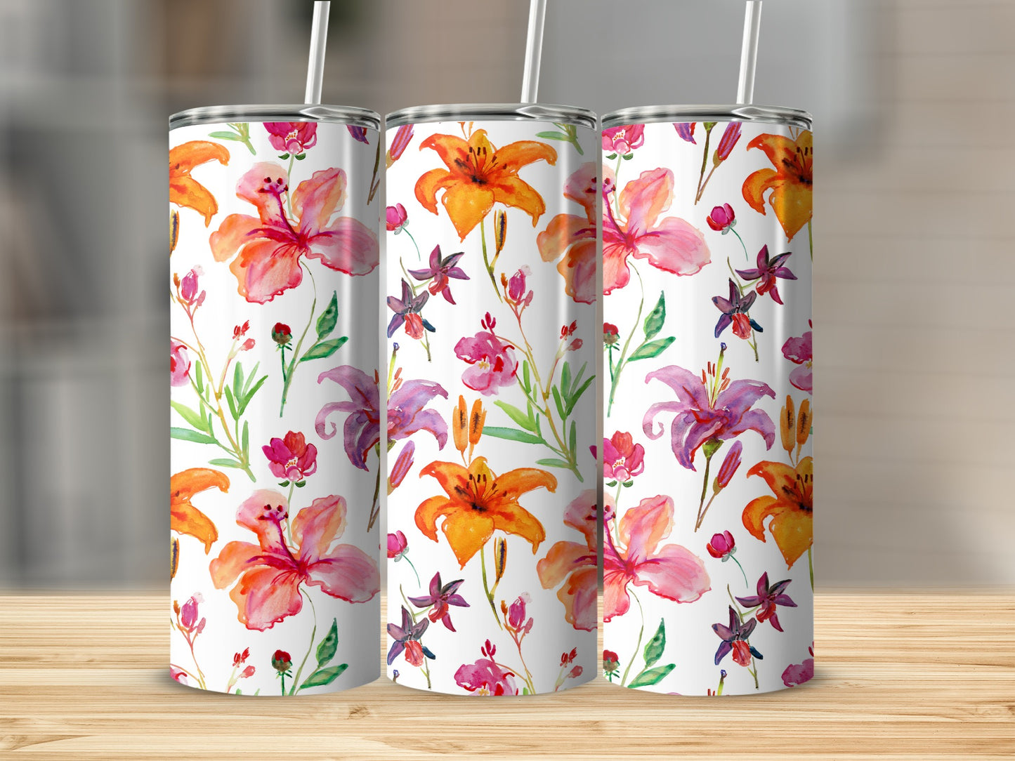 Vibrant Floral Pattern Insulated Tumbler with Straw