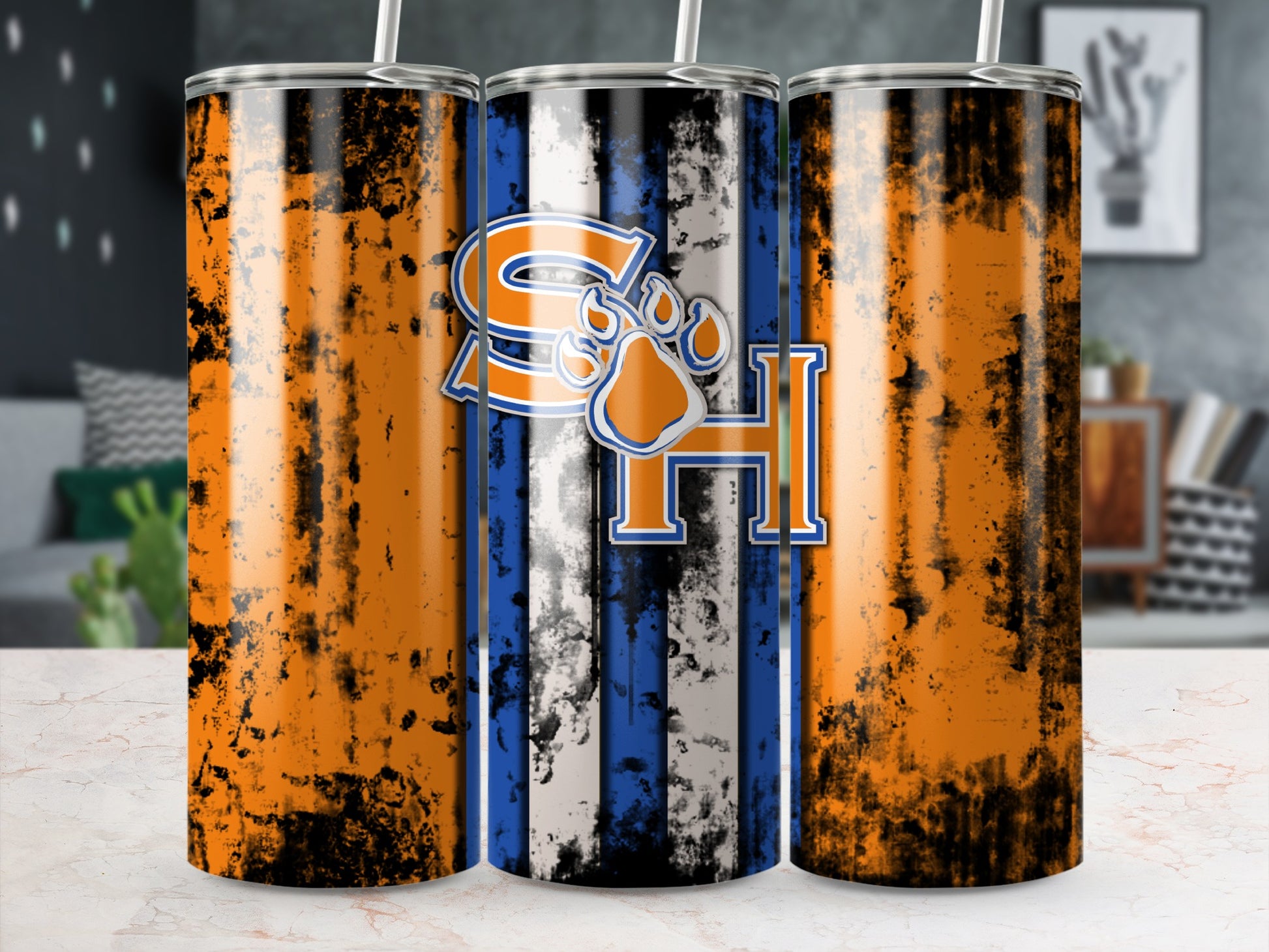 Distressed Stripes SH School Mascot Paw Print Tumblers