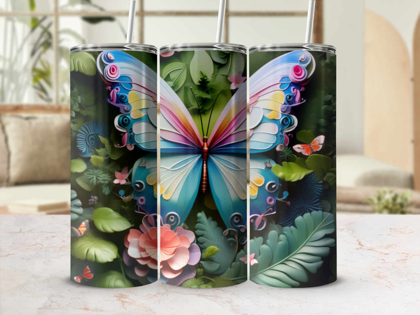 Tapered tumbler with a colorful butterfly and floral design.