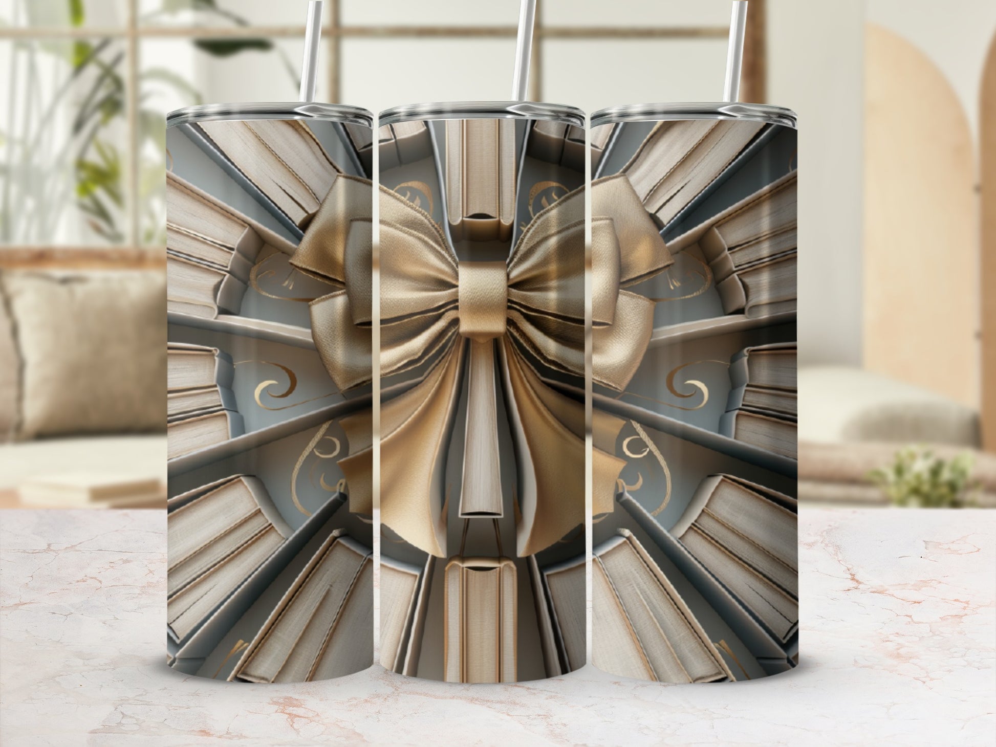 Three tumblers featuring a gold bow against a background of stacked books.