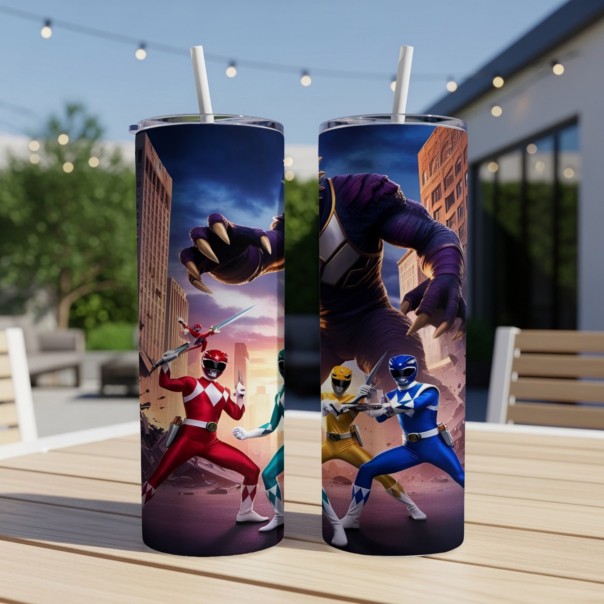 Power Rangers in action poses against a city backdrop with a monster.
