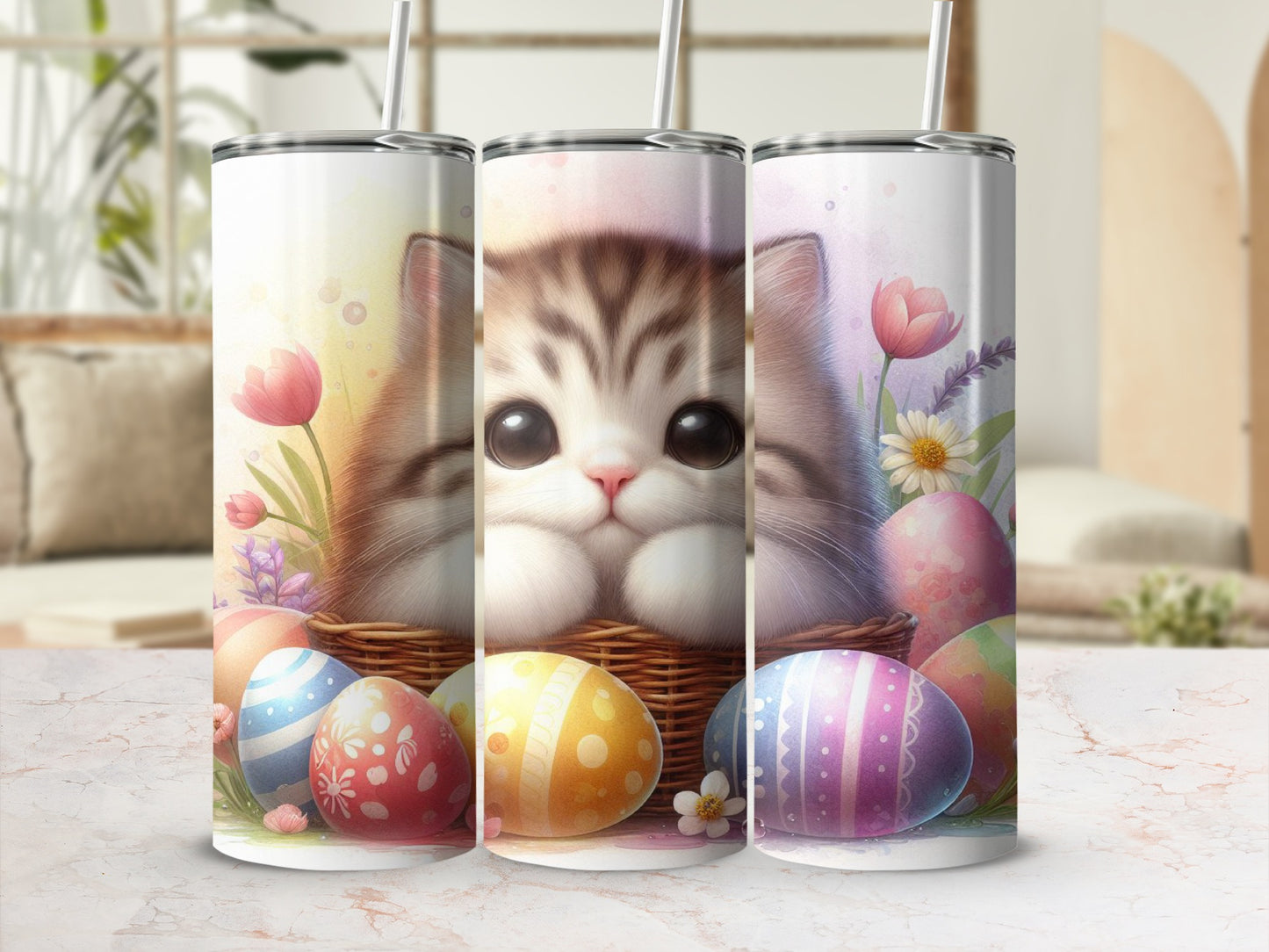 Cute tabby cat face peeking from basket with Easter eggs and flowers.
