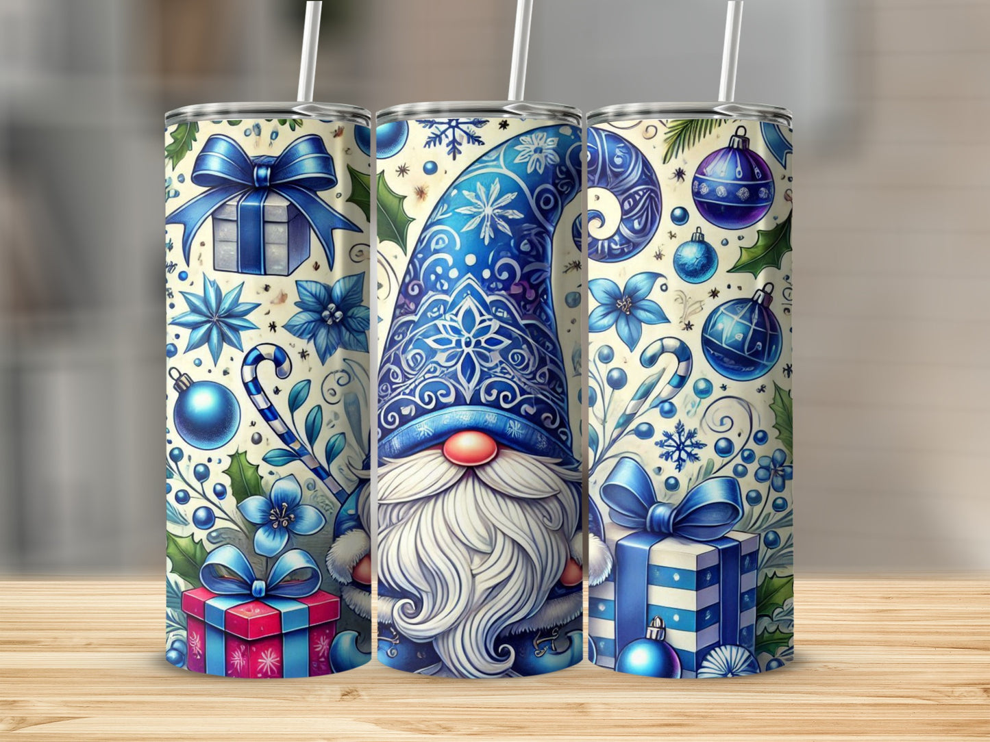 Blue gnome with gifts and snowflakes pattern on tumbler.