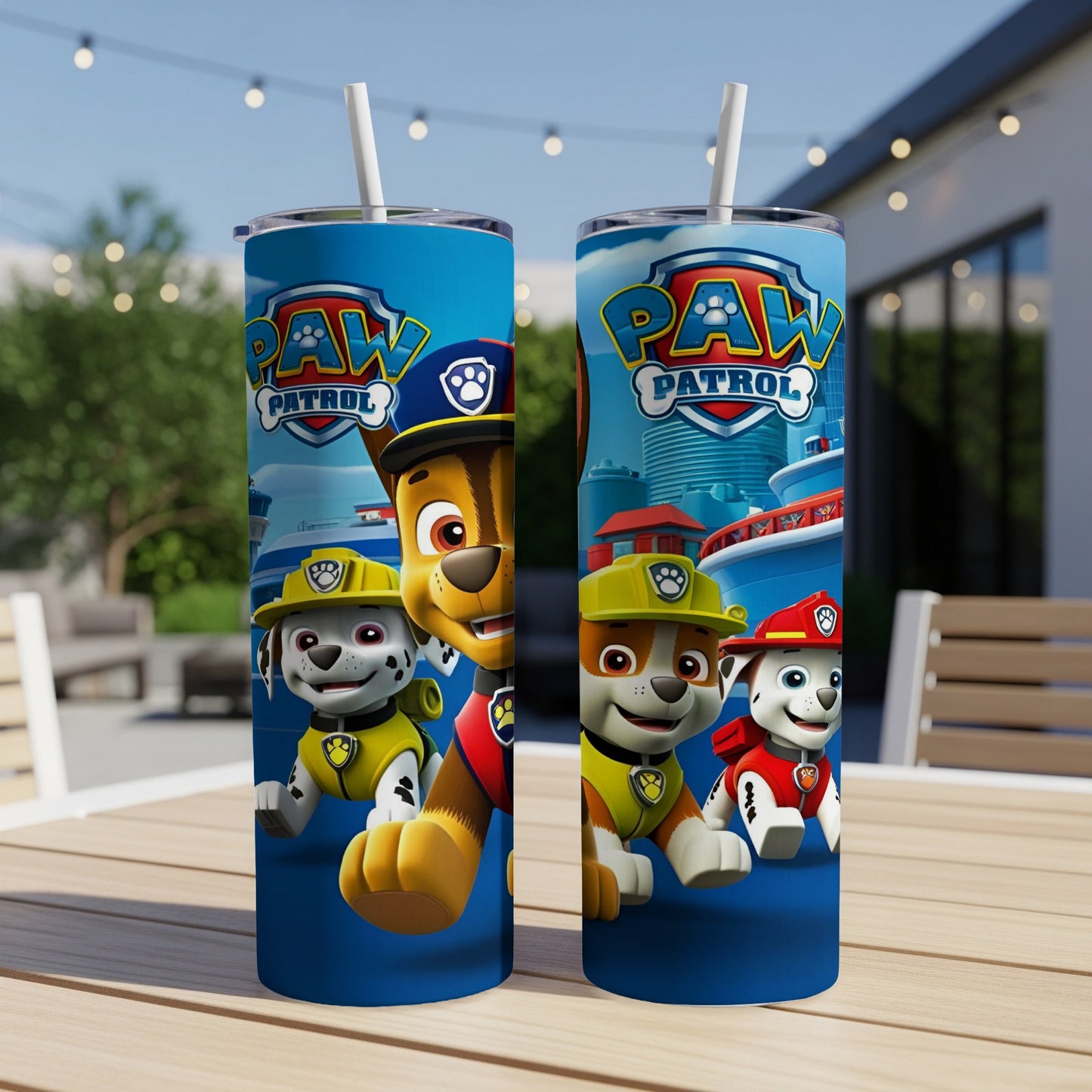 Paw Patrol characters Chase and Marshall on blue tumblers with Paw Patrol logo.