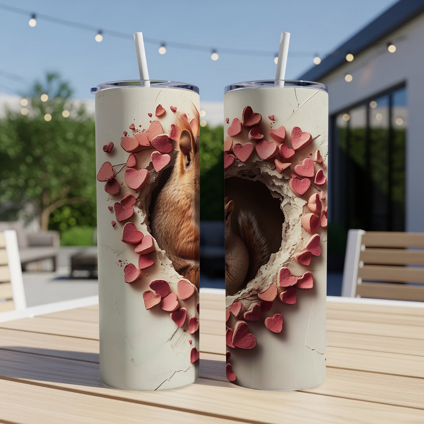 Two tumblers with a golden retriever peeking through a heart-shaped hole.