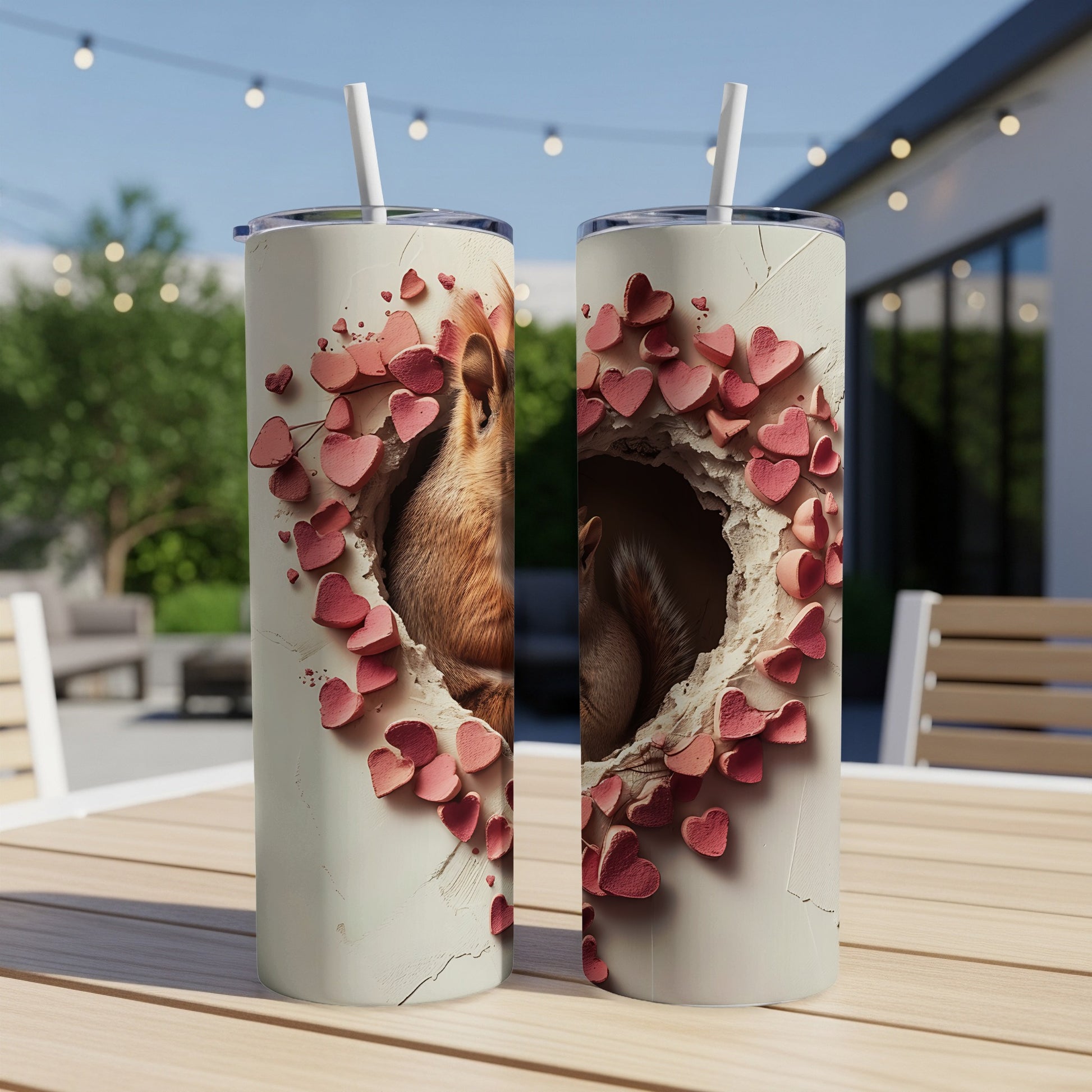 Two tumblers with a golden retriever peeking through a heart-shaped hole.