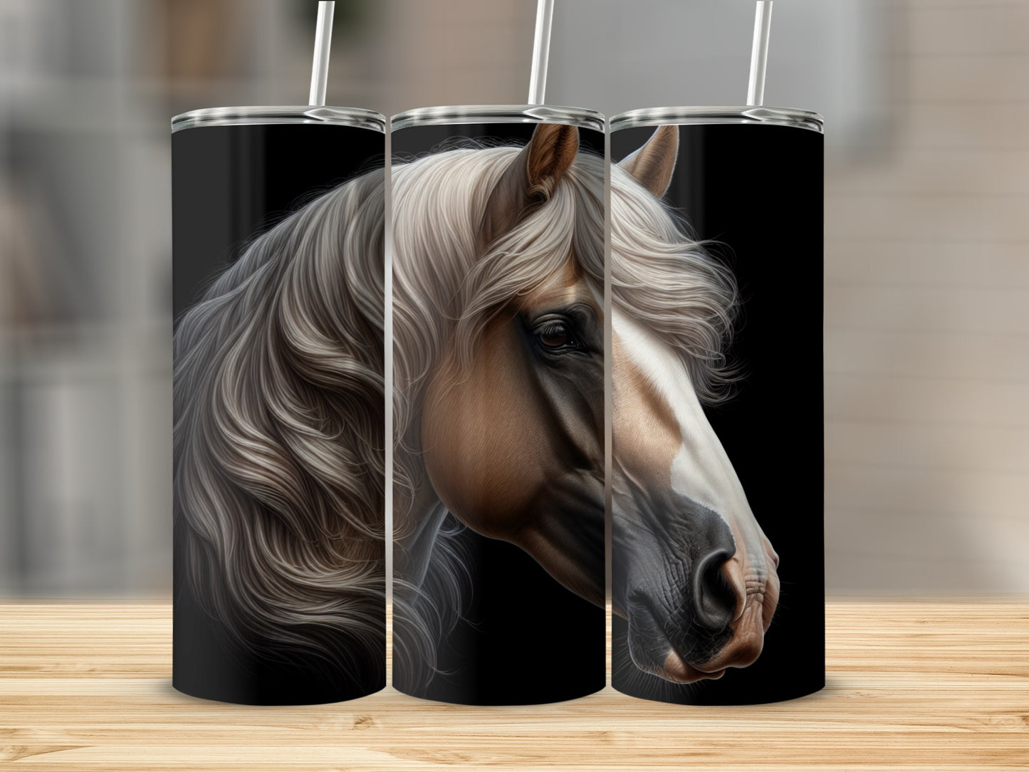 Horse head profile on a tumbler with a black background and wooden surface.