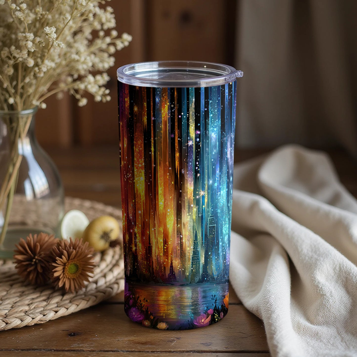 Vibrant City Skyline and Stars Tumbler Cup Product