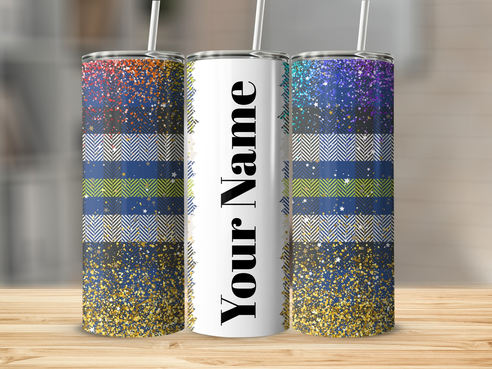 Personalized Glitter and Patterned Tumbler with Straw