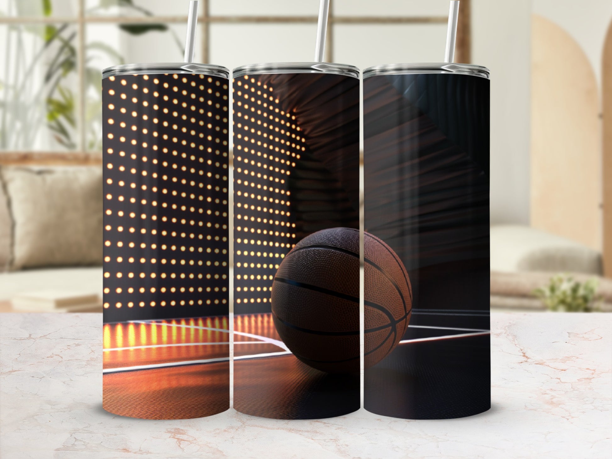 Basketball tumbler with glowing lights and wood-grain background.