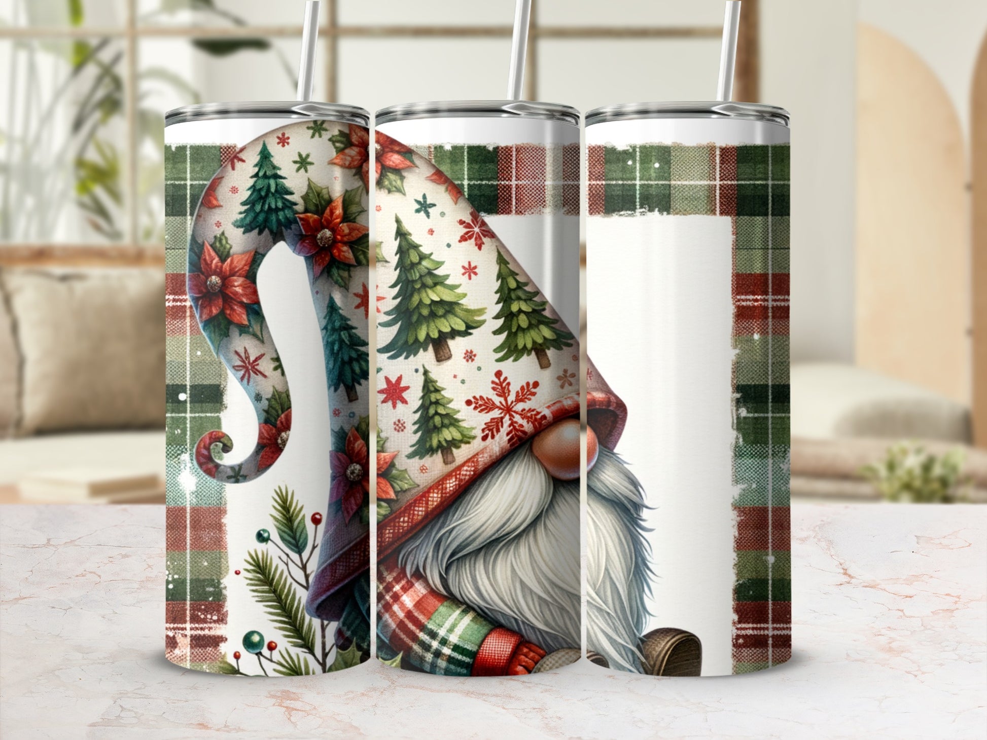 Christmas gnome tumbler with plaid, snowflakes, and poinsettias.