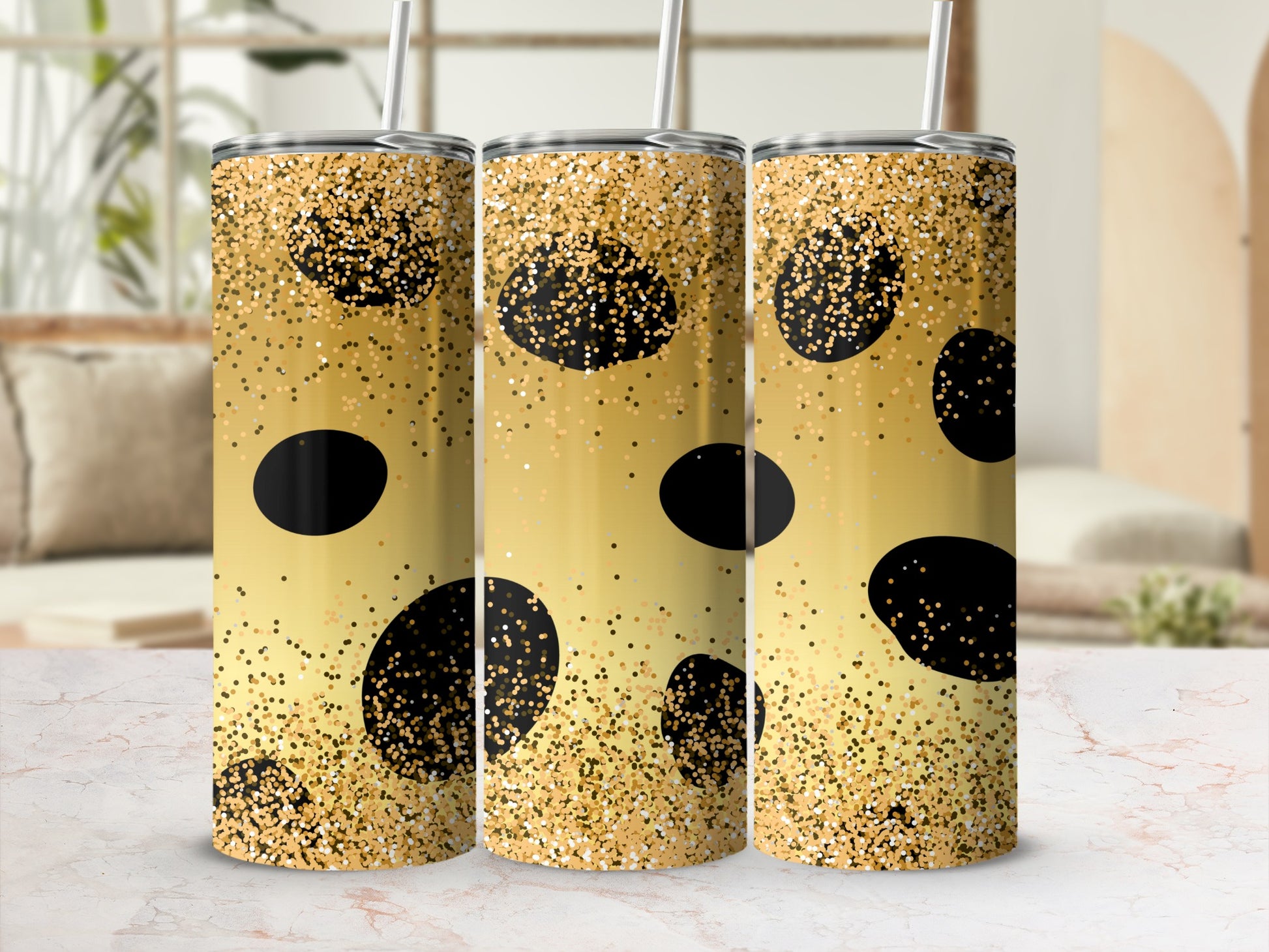 Gold Glitter Polka Dot Tumbler with Straw