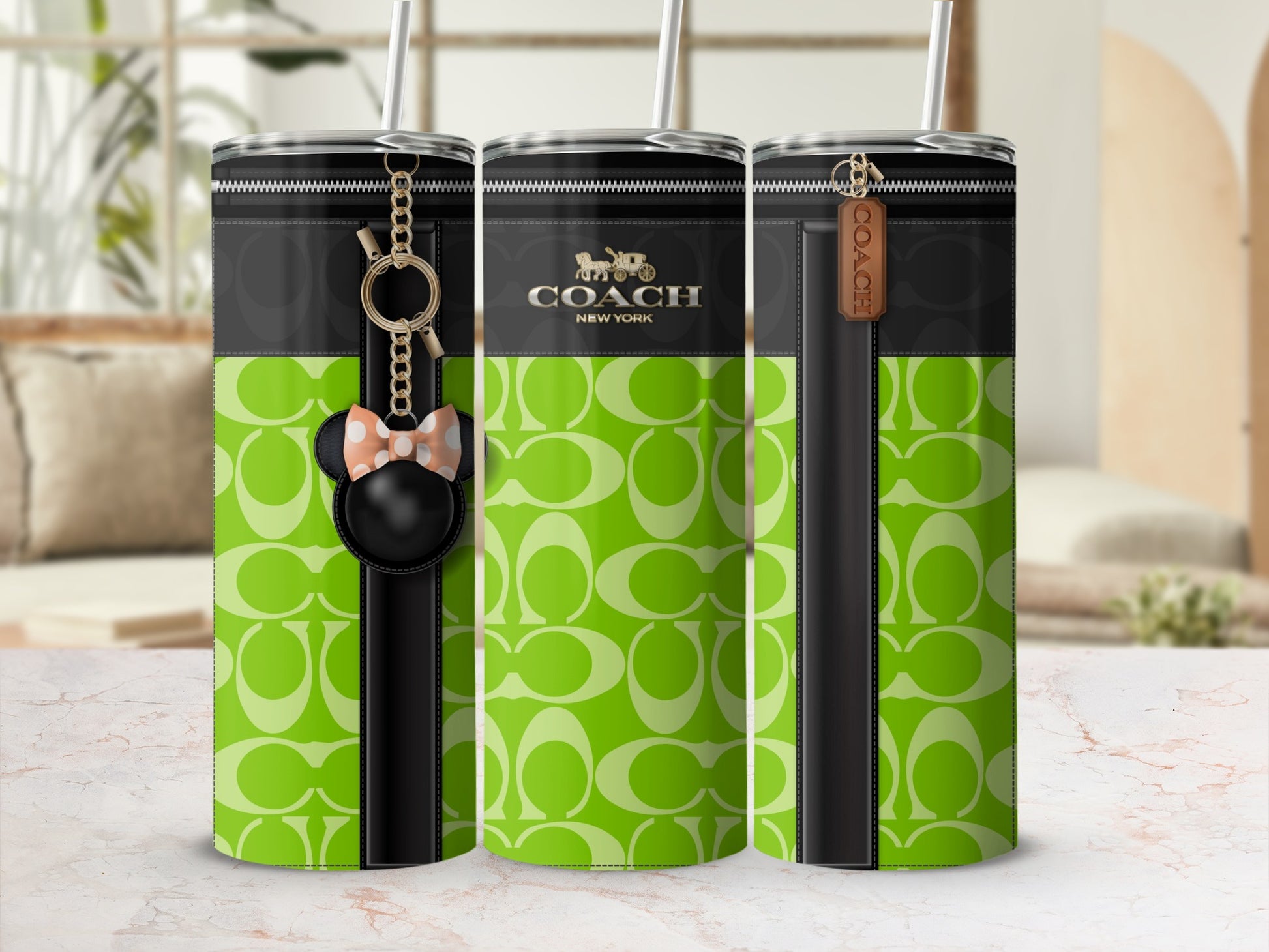 Stylish Coach Neon Green Pattern Tumbler with Accessories
