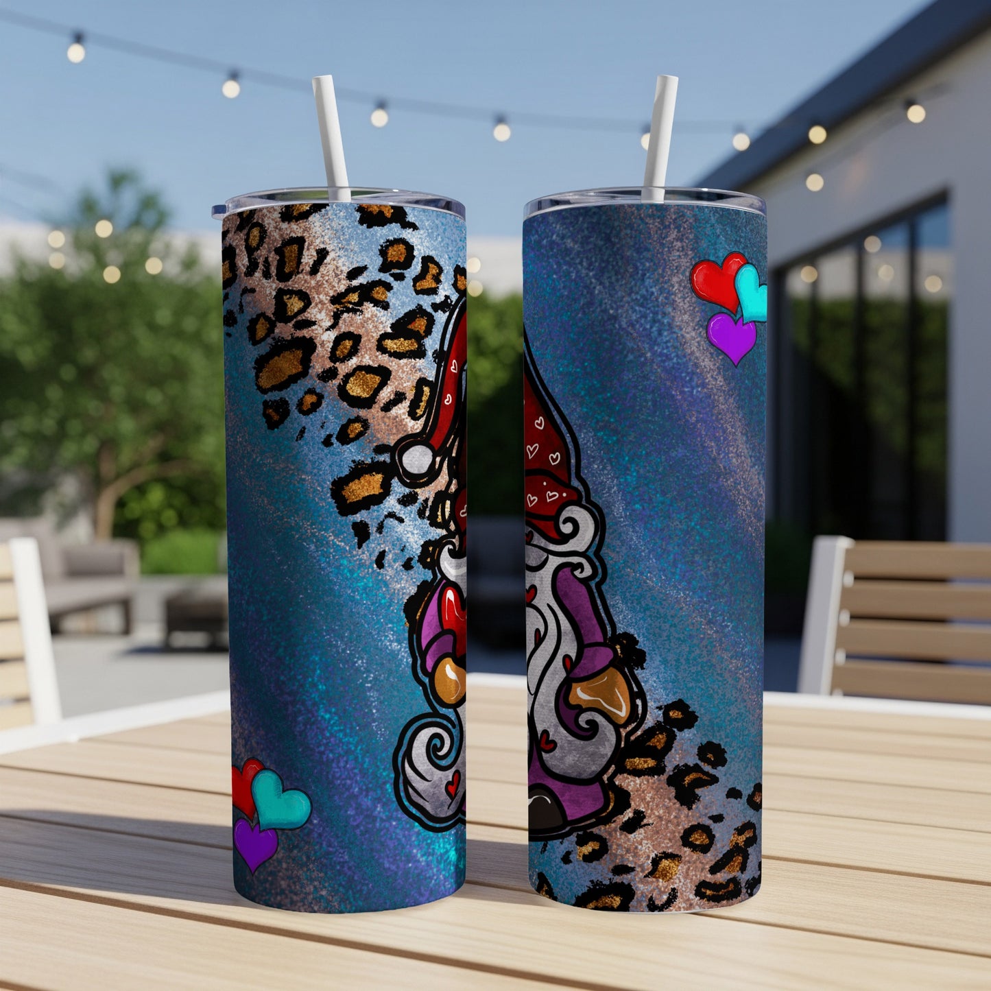 Two tumblers with leopard print and a gnome with hearts.