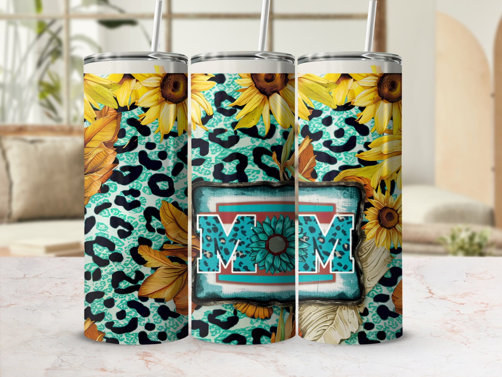 Sunflower and leopard print tumbler with "MOM" text.