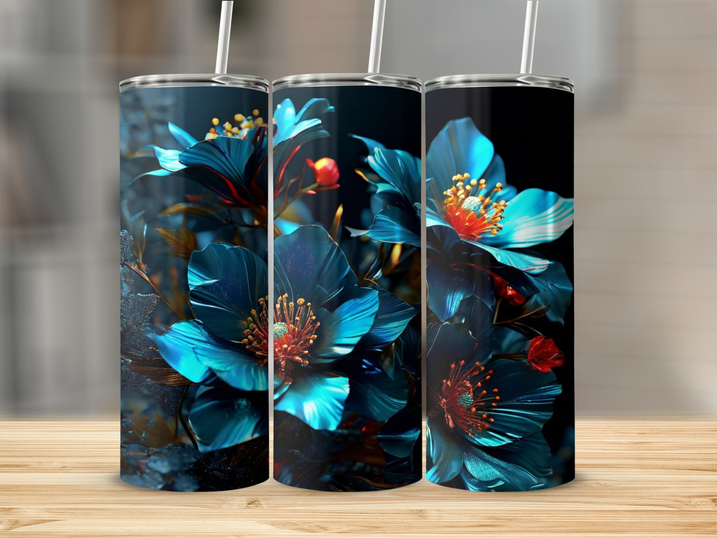 Three tumblers featuring iridescent blue flowers against a dark background.