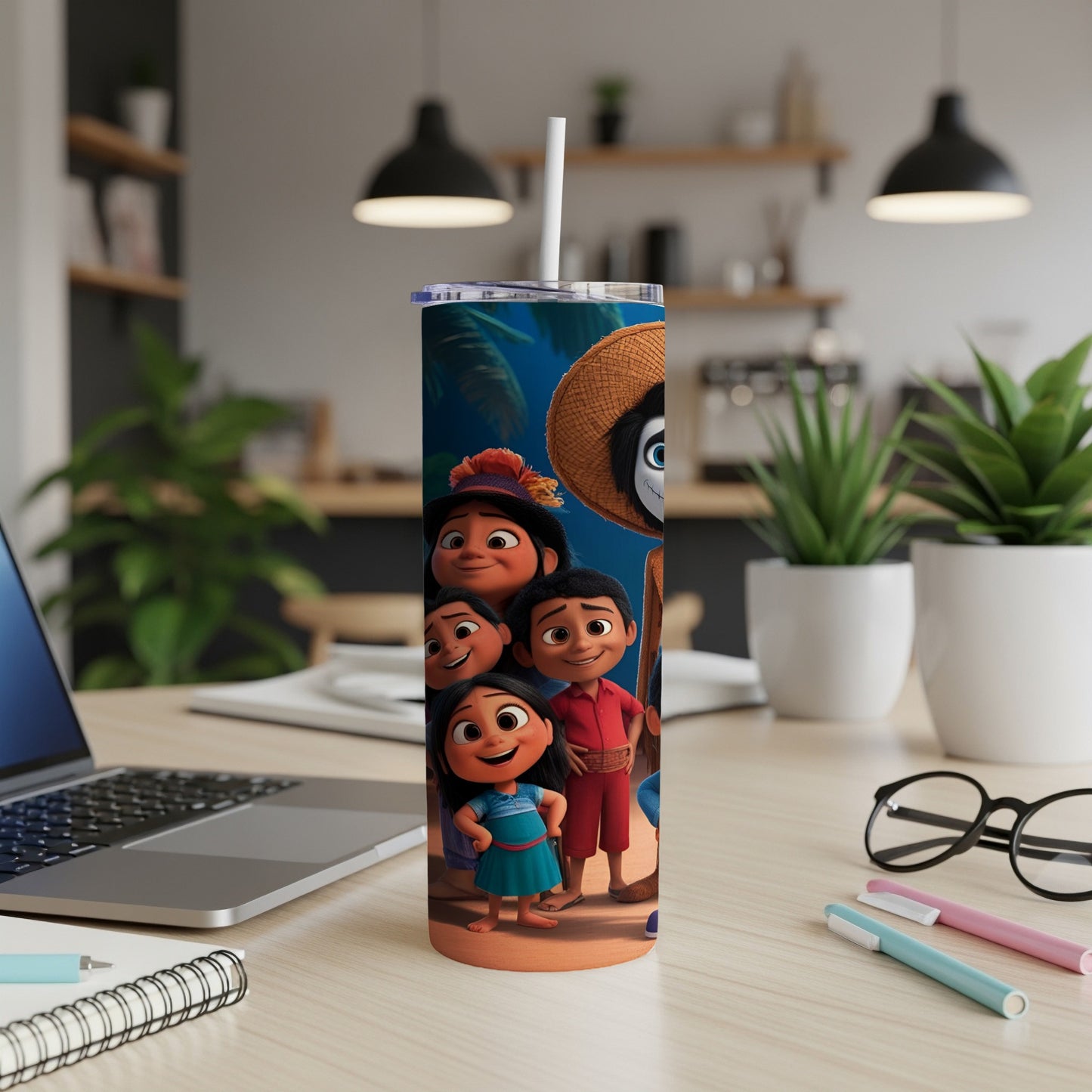 Coco movie characters Miguel, Hector, and family on a blue patterned tumbler.