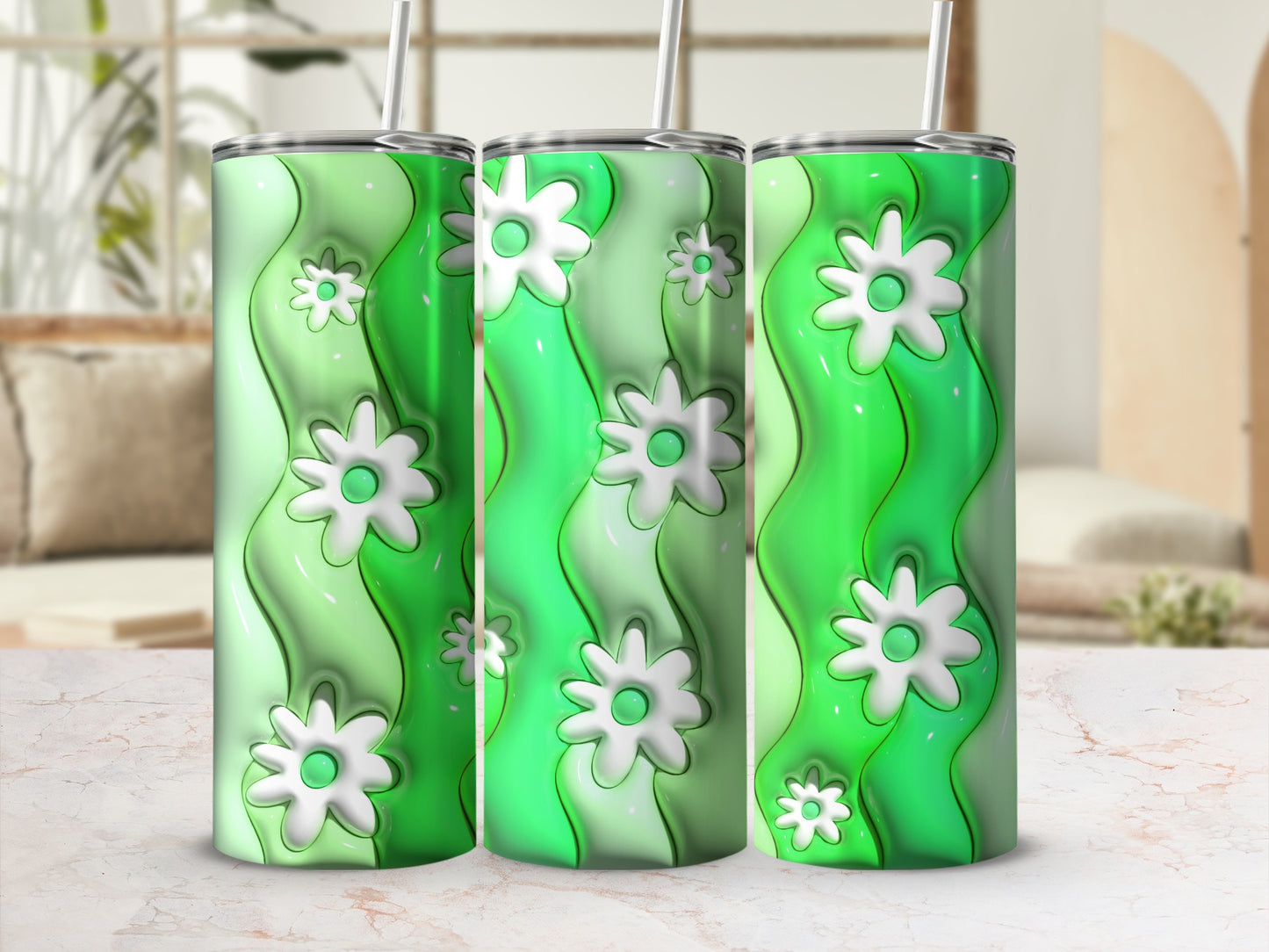 Green and White Daisy Pattern Tumbler with Straw