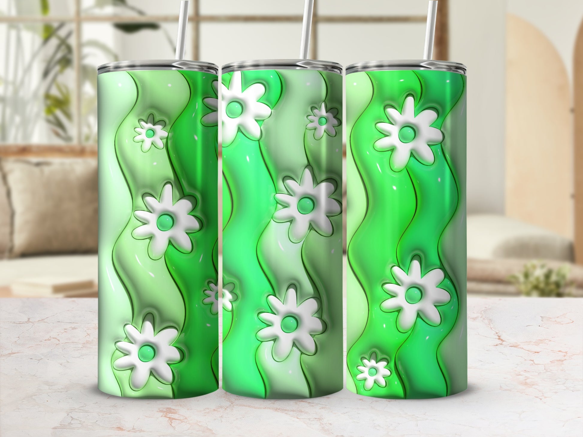 Green and White Daisy Pattern Tumbler with Straw