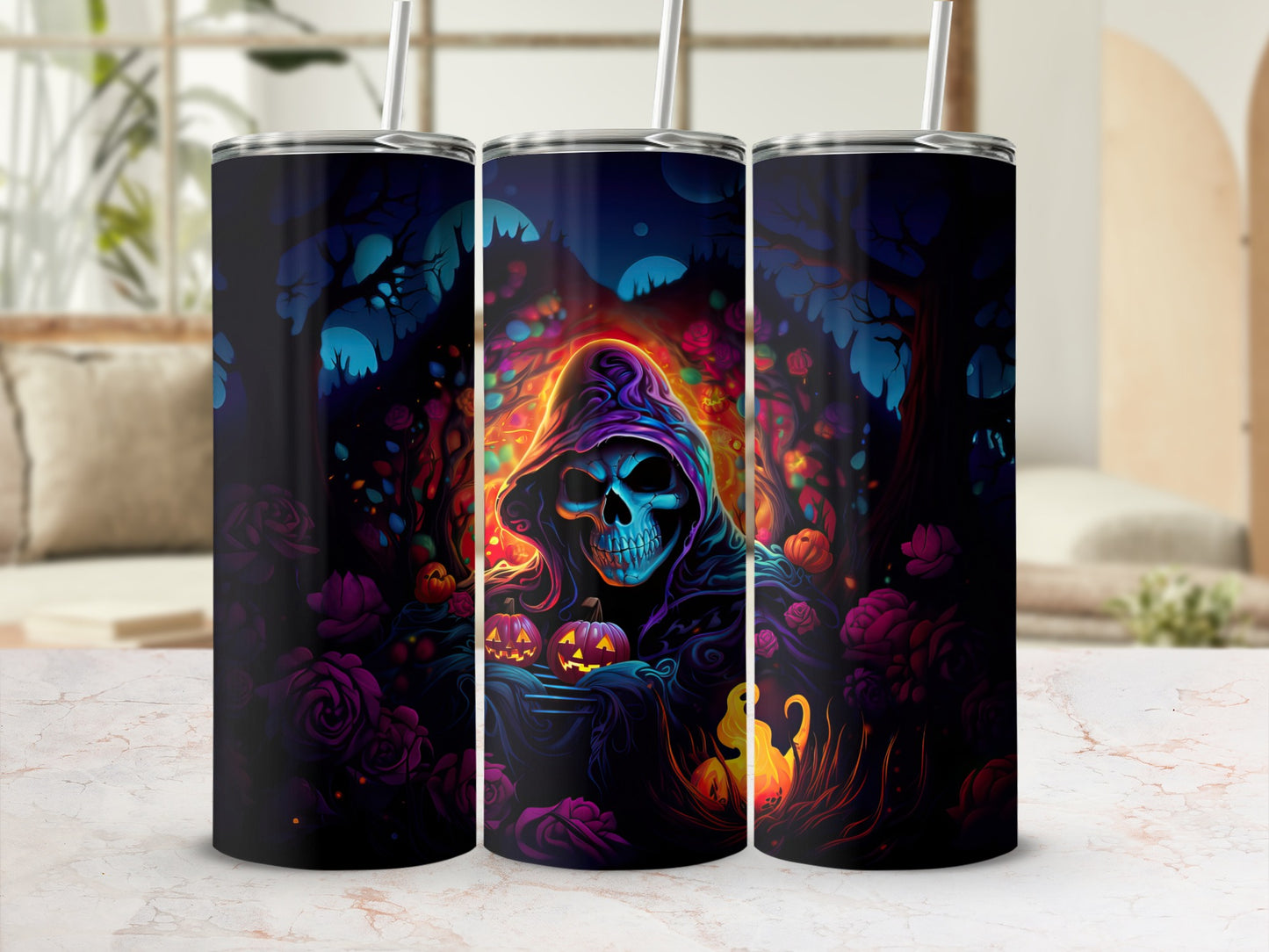 Tumbler with a grim reaper and pumpkins in a dark, magical forest.