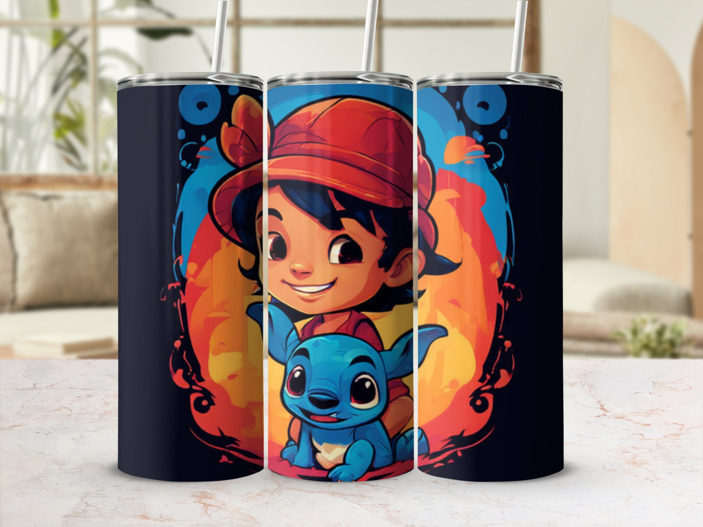 Cartoon child and creature in a vibrant blue and orange design on a dark tumbler.