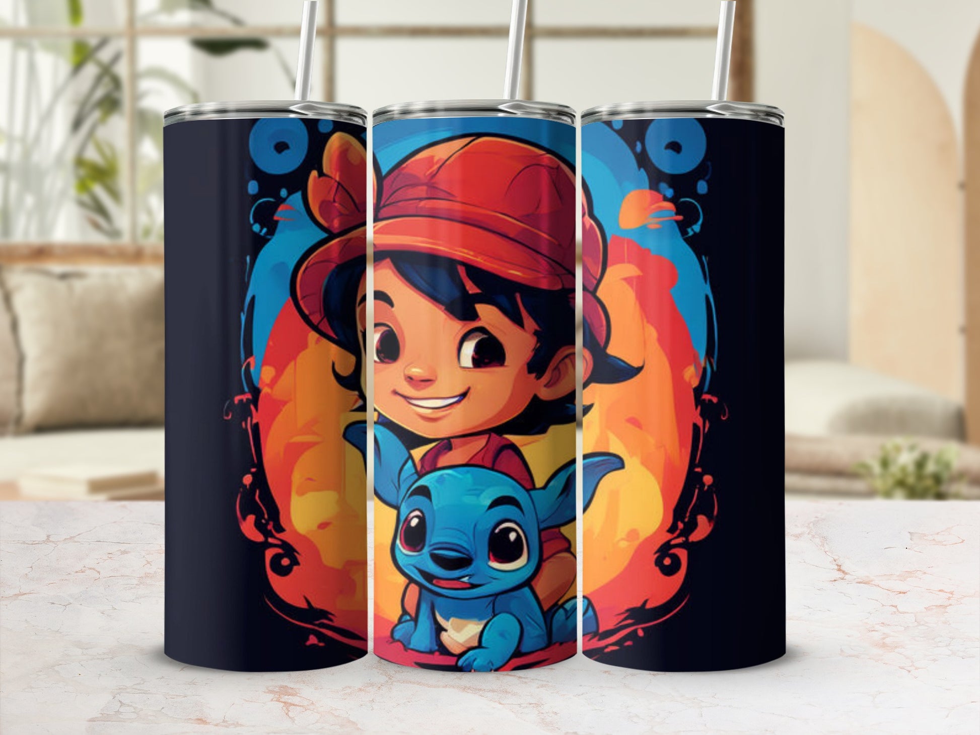 Cartoon child and creature in a vibrant blue and orange design on a dark tumbler.