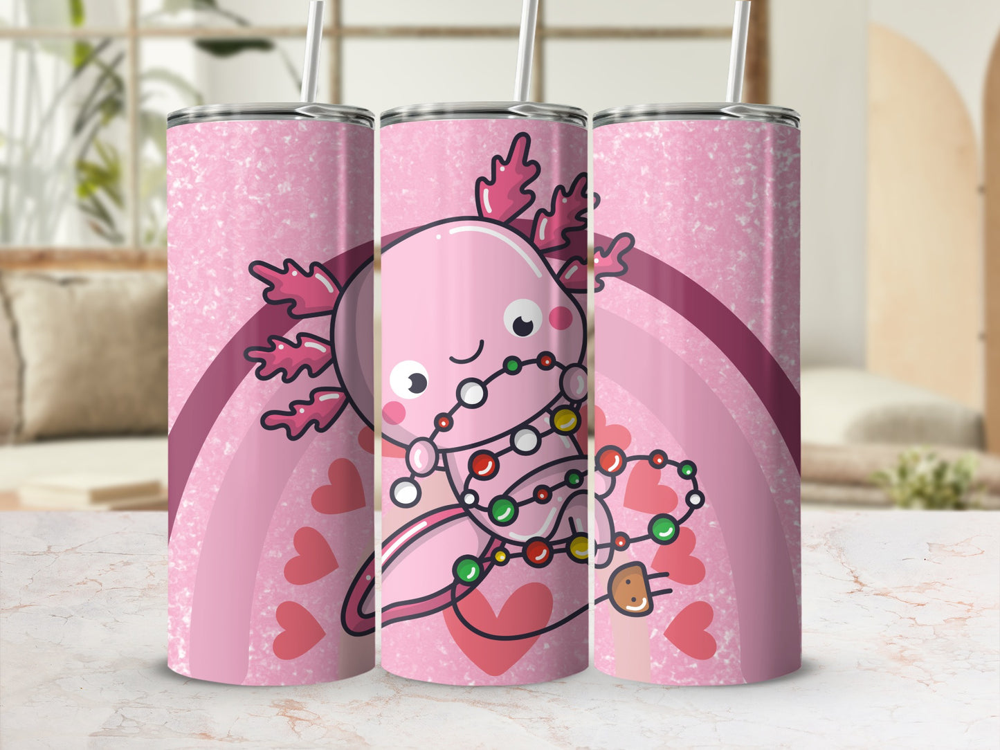 Pink Axolotl Hearts Rainbow Tumbler Design