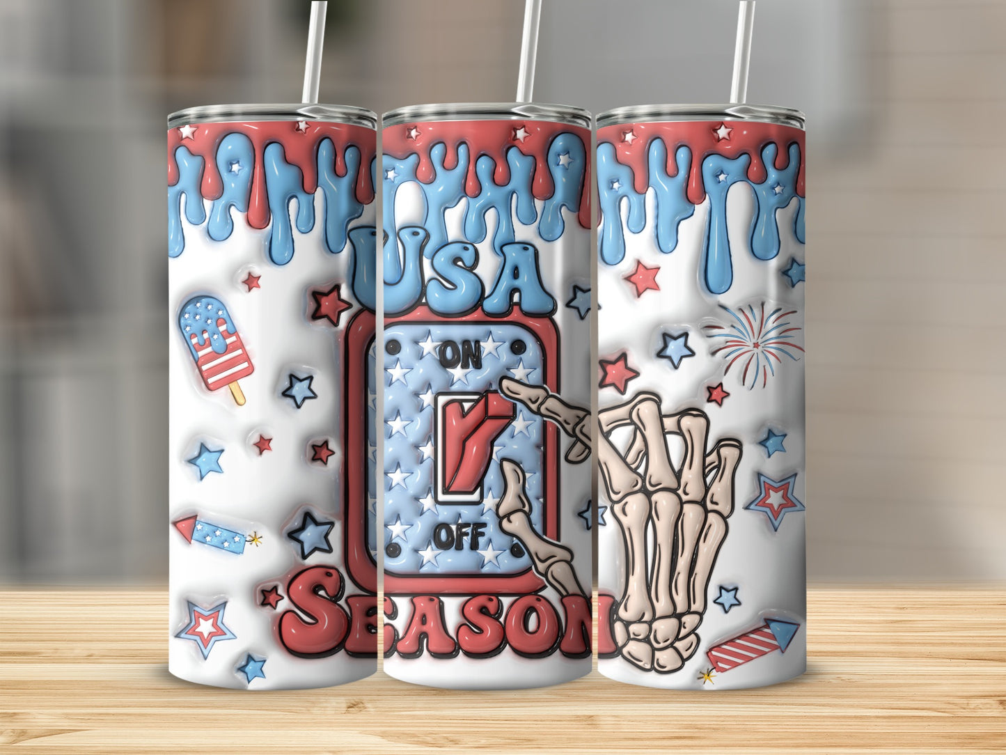 30oz USA ON OFF SEASON tumbler with skeleton hand, fireworks, and popsicles.