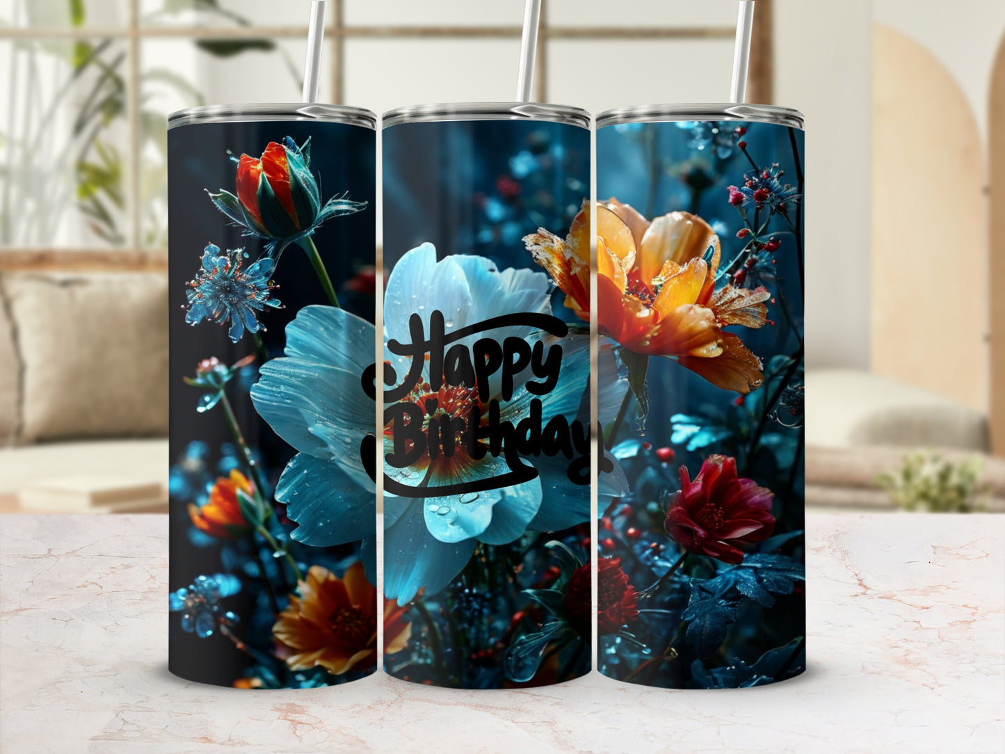 Happy Birthday tumbler with vibrant floral design.