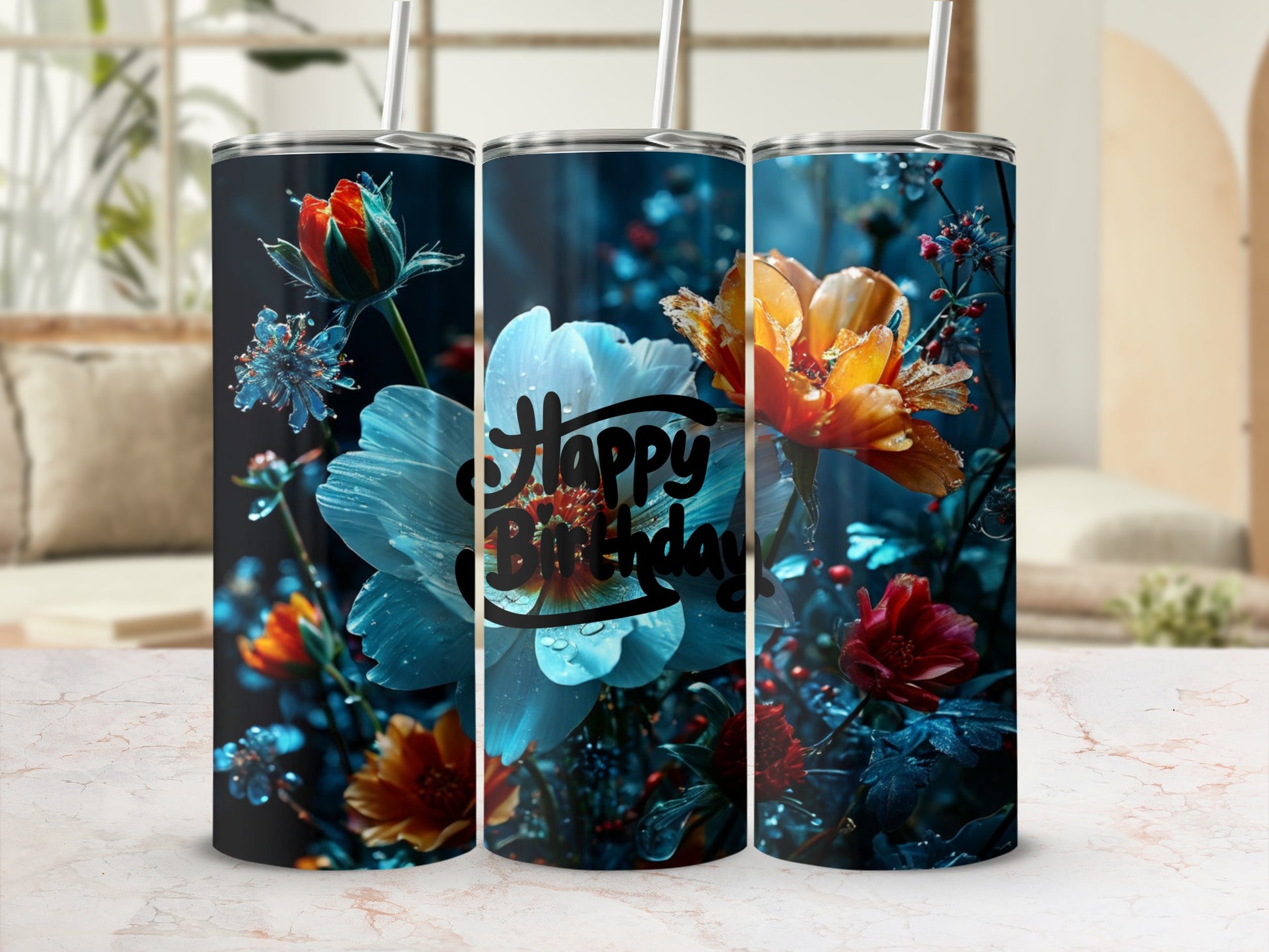 Happy Birthday tumbler with vibrant floral design.
