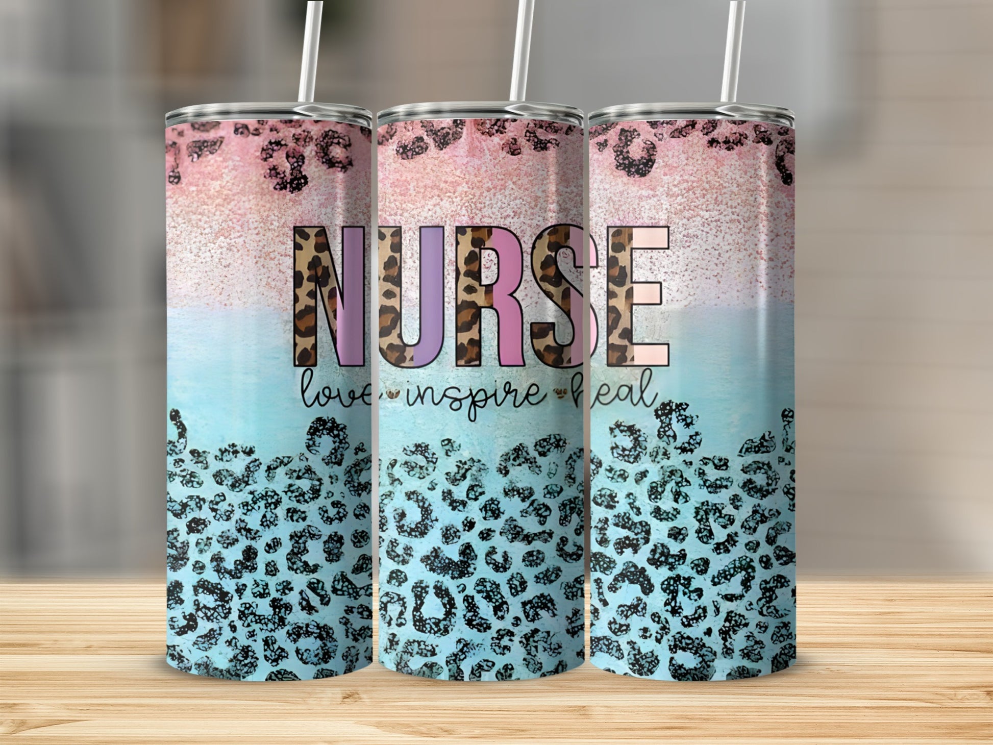 Tall tumbler with "Nurse love inspire heal" text, pink glitter, and leopard print.