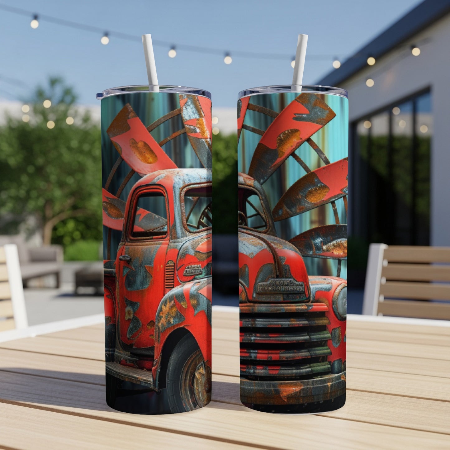Two tumblers featuring a vintage red truck with rusted details and windmill blades.
