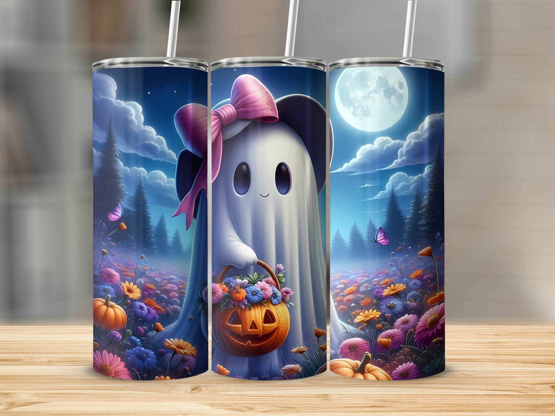 Ghost with pumpkin basket in a field of flowers under a full moon.
