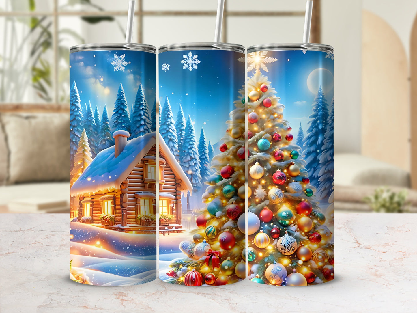 Festive Winter Cabin Christmas Tree Tumbler with Straw