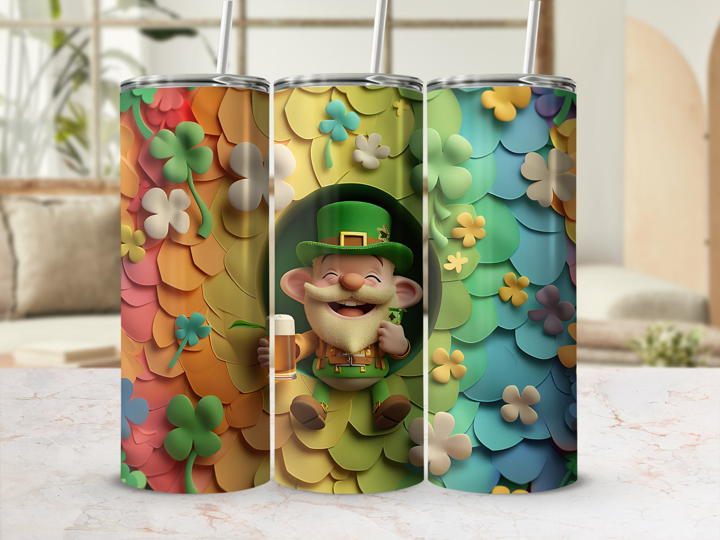Leprechaun in a tree hollow, surrounded by colorful shamrocks.