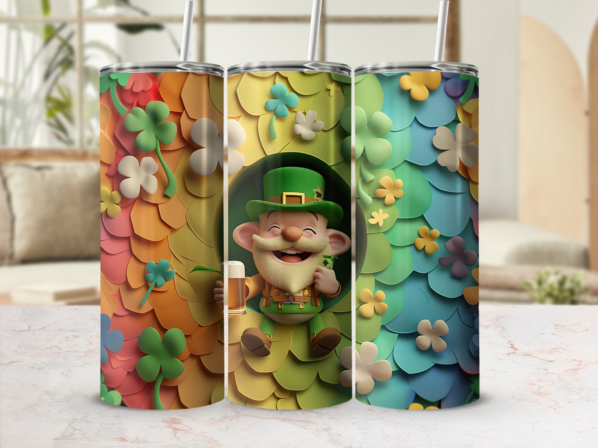 Leprechaun in a tree hollow, surrounded by colorful shamrocks.