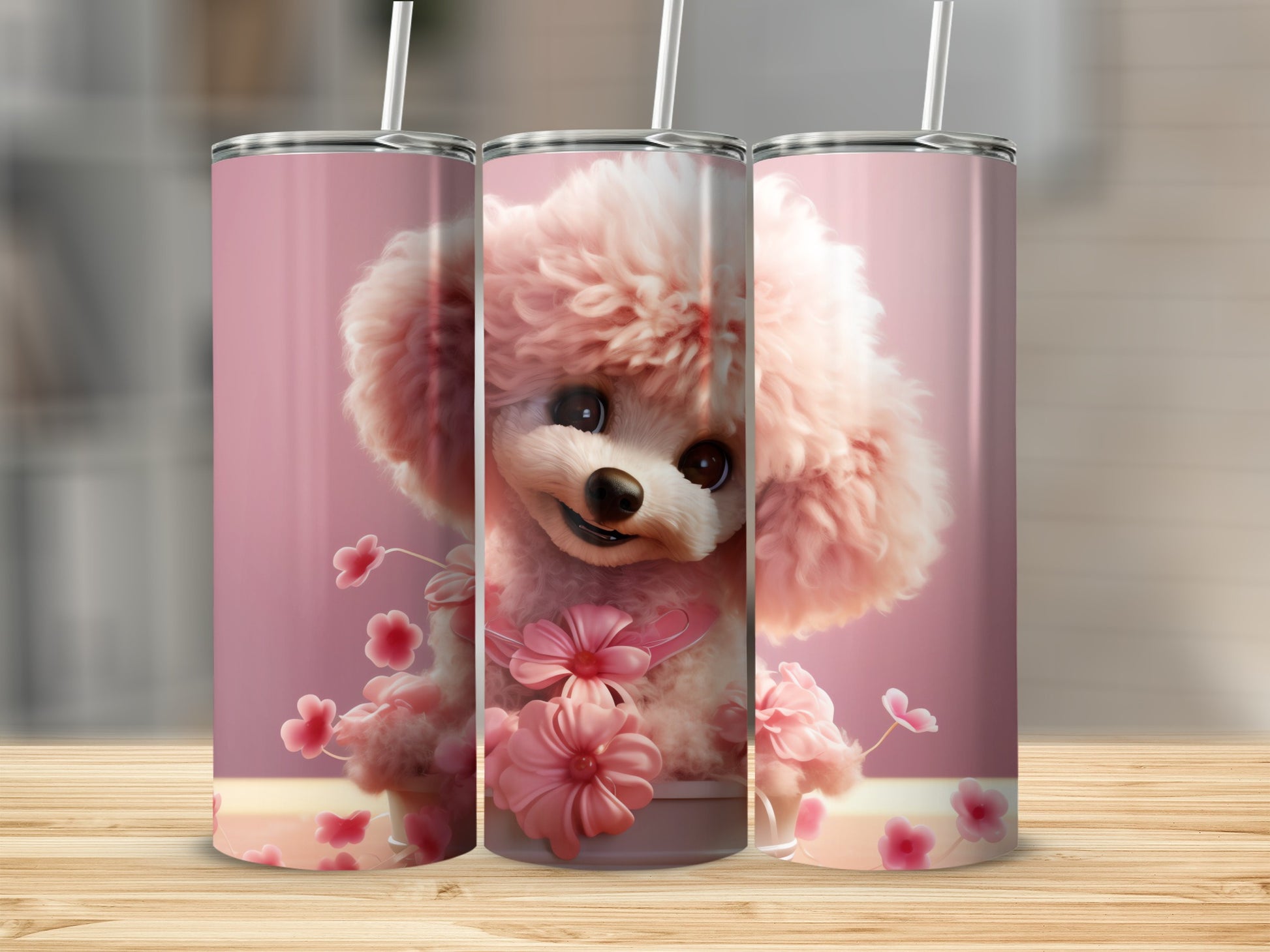 Sweet pink fluffy poodle blossom design tumbler beverage product type
