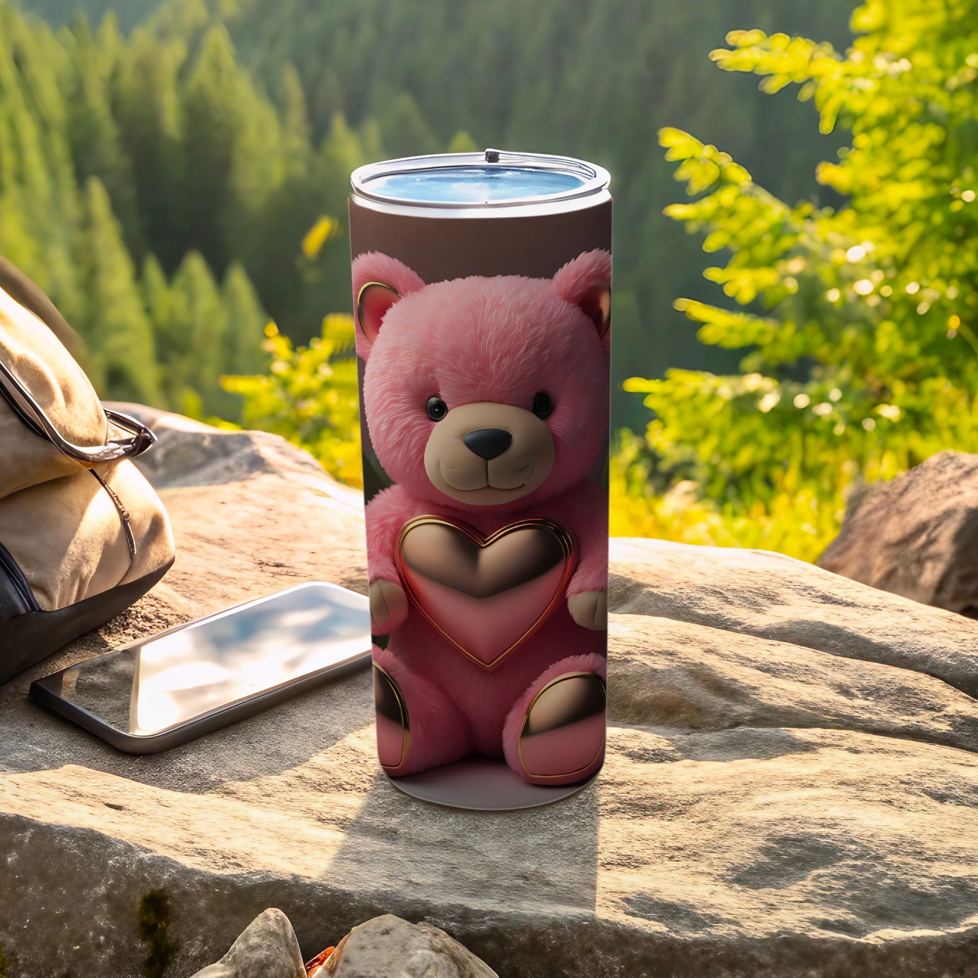 Pink Teddy Bear with Heart Design Travel Mug