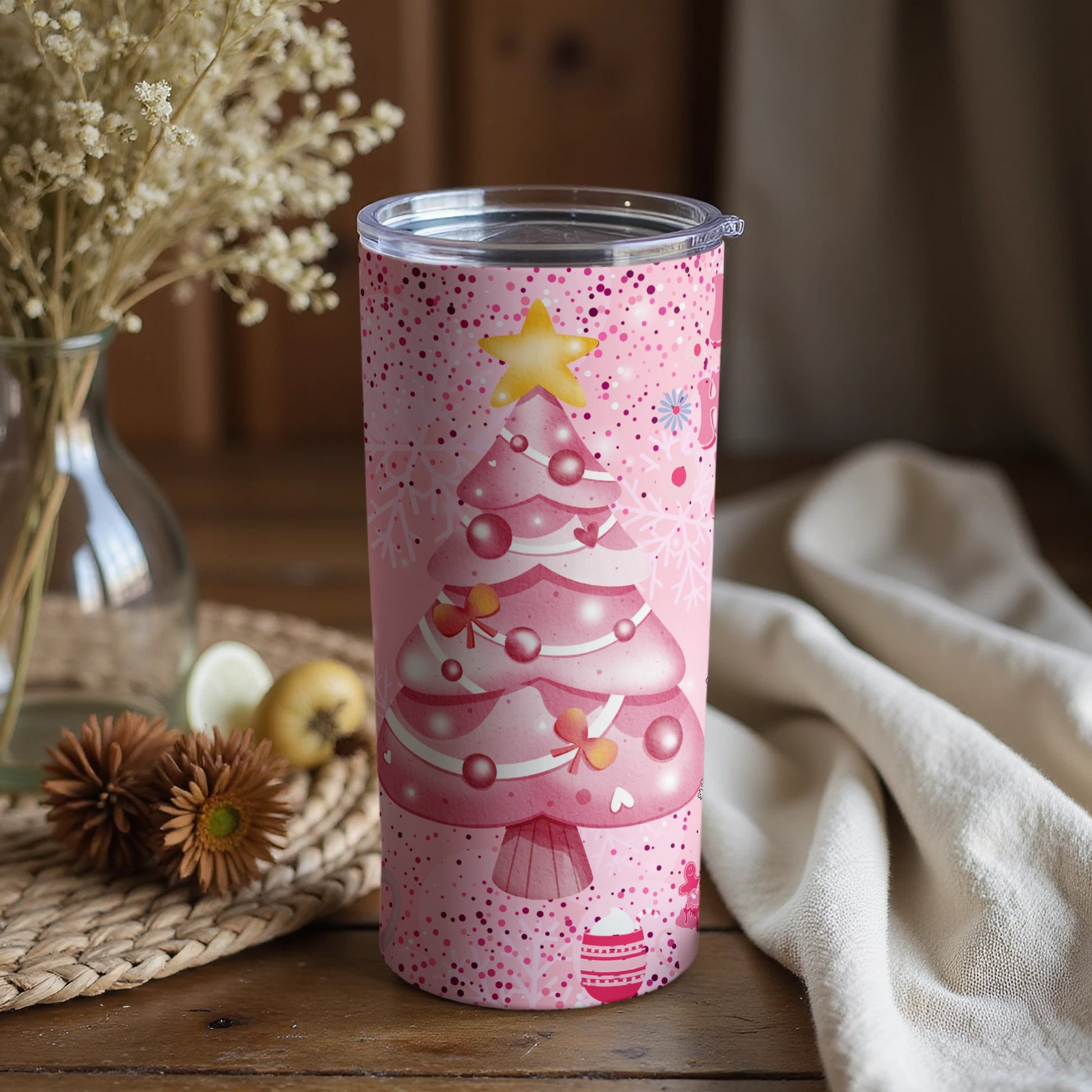 Festive Pink Christmas Tree Design Tumbler