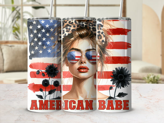 American Babe tumbler with flag, leopard print sunglasses, and floral accents.