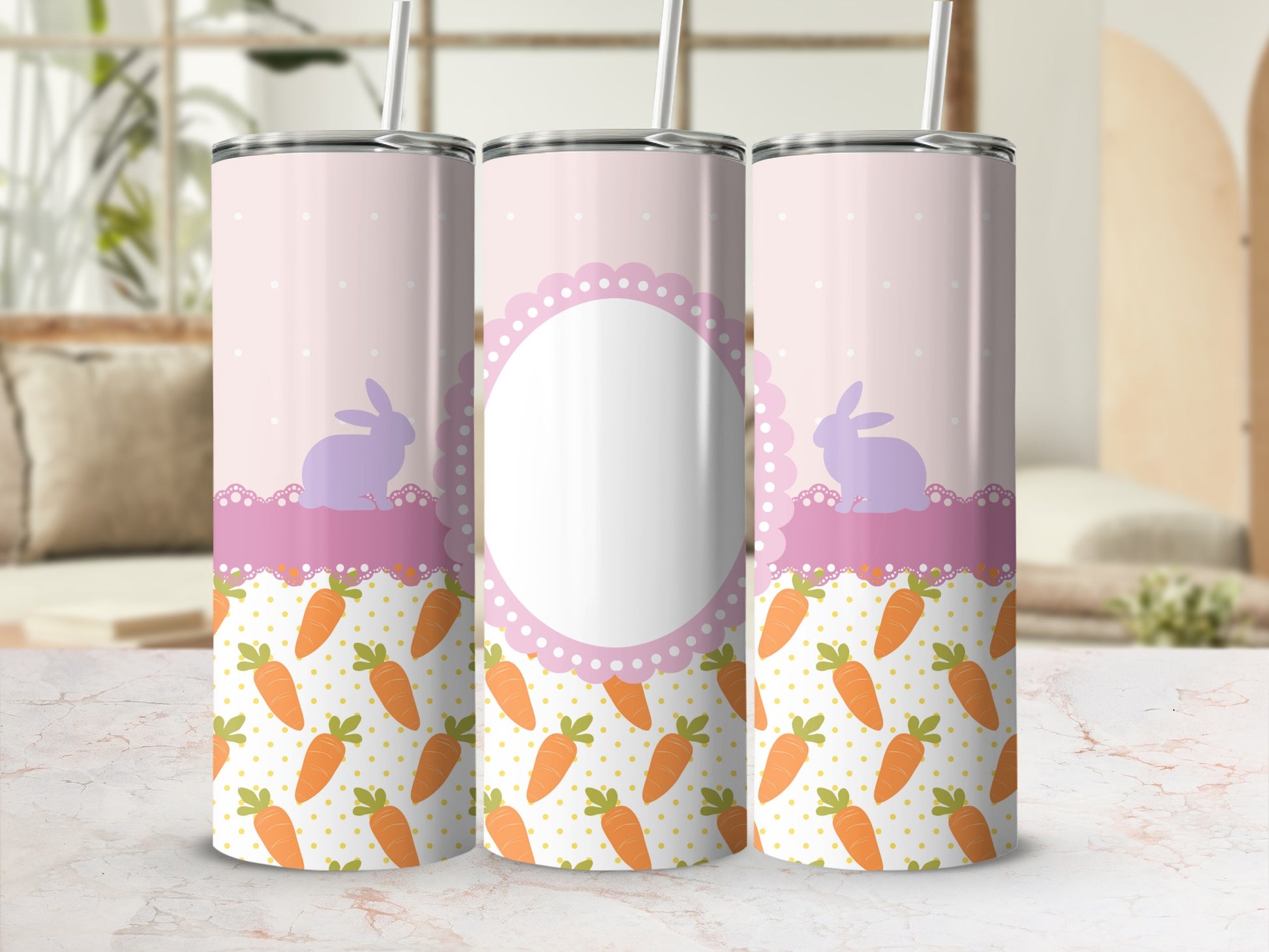 Easter themed tumbler with bunnies, carrots, and a decorative scalloped circle.