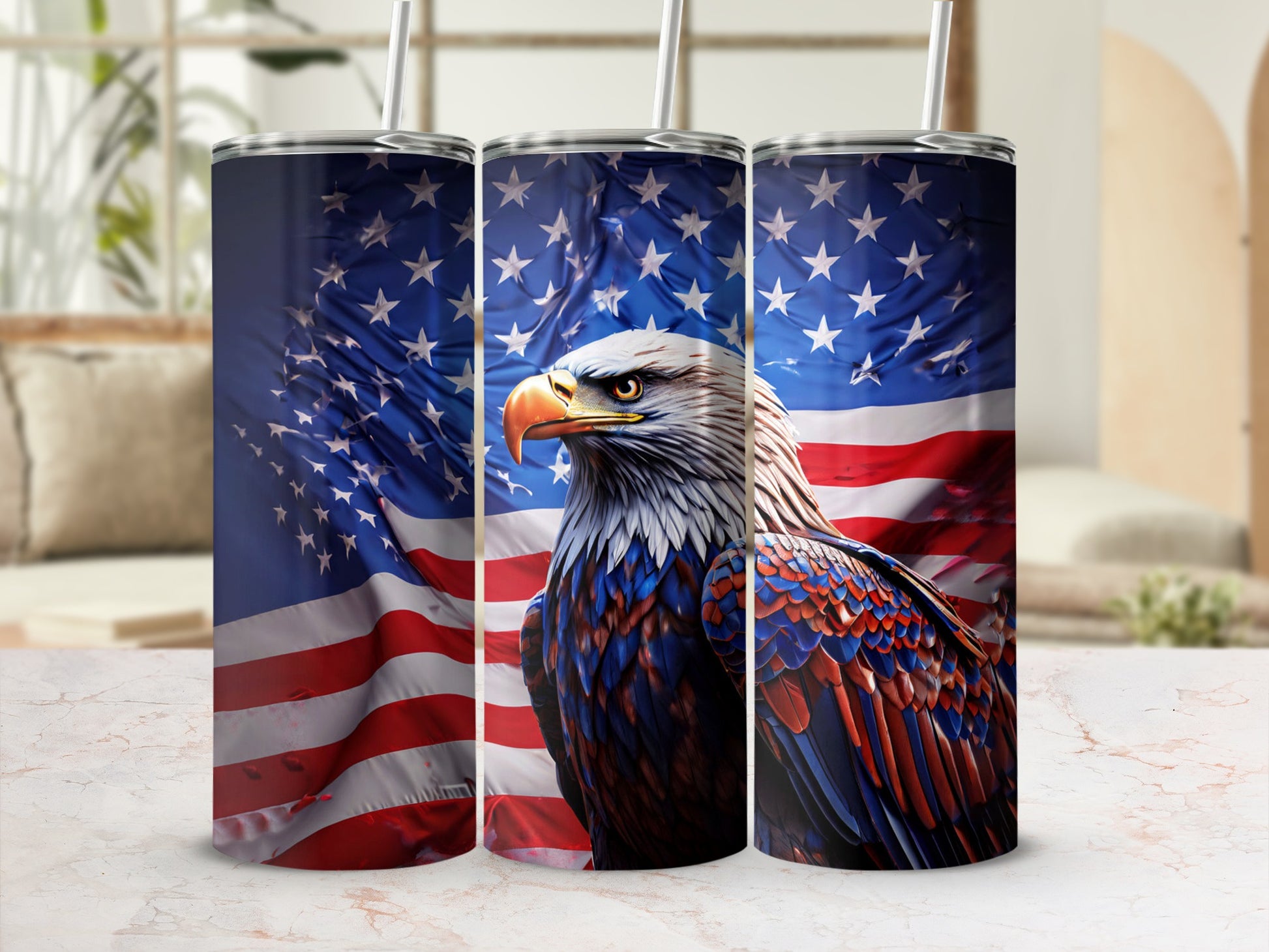 American flag and eagle tumbler, patriotic design.